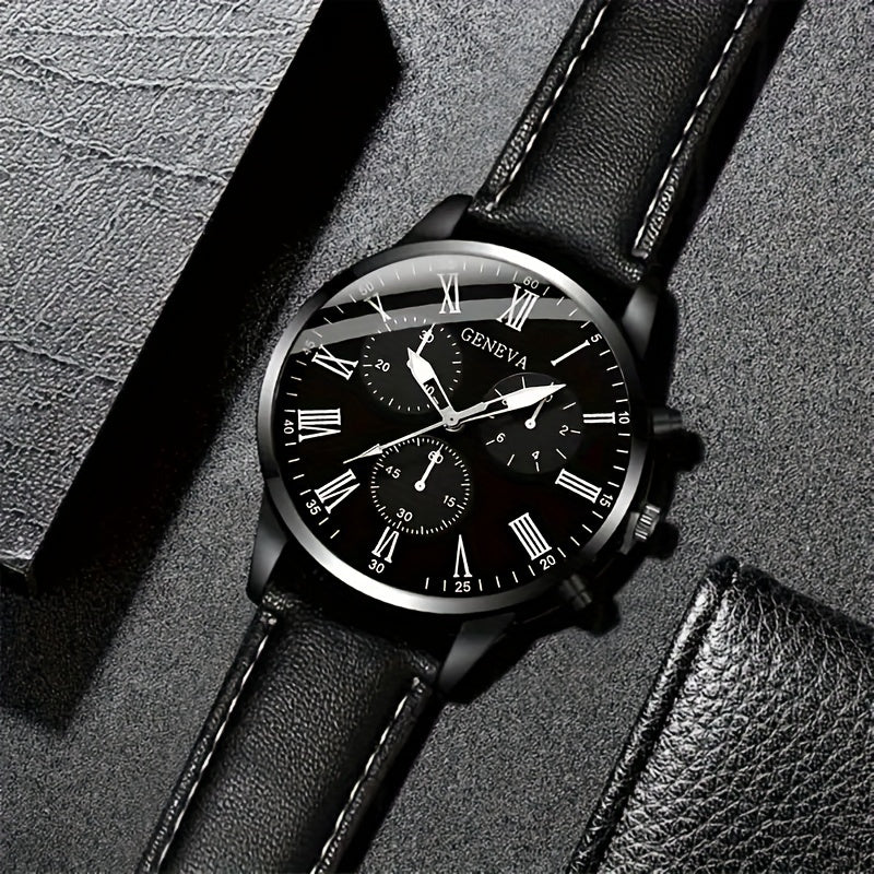 1pc Fashionable Men'S Quartz Watch, Large Dial, Zinc Alloy Case, Round Dial, Faux Leather Strap, Battery Powered, Electronic Drive, Non-rechargeable Button Battery, Business Style Wristwatch (Watch Box Not Included)