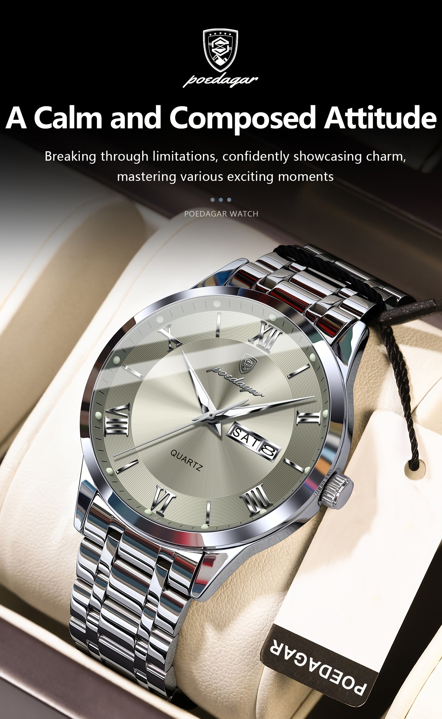 POEDAGAR Men'S Quartz Watch, Sports Style, Waterproof 3ATM, Luminous Calendar, Stainless Steel Strap, Pointer Display, Alloy Case, Electronic Drive, Non-Rechargeable Button Battery, with Spring Festival and Football Holiday T