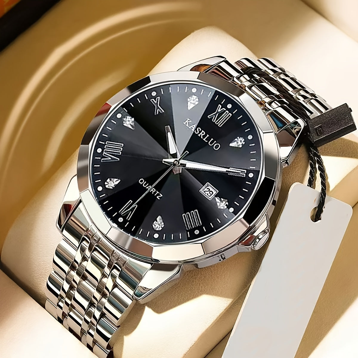KASRLUO Men's Elegant Stainless Steel Watch with Crystal Roman Numerals & Date Display - Business Style, Quartz Movement