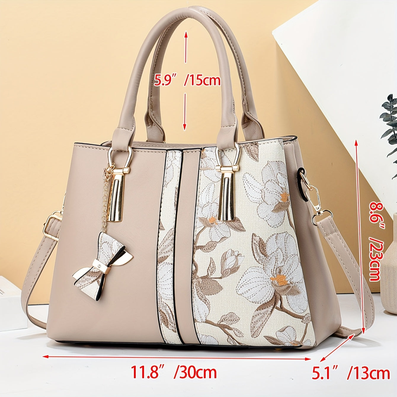 Chic Floral Print Handbag for Wo - Spacious 3-Layer Design with Pockets, Zip Closure, Durable PU Material - Available in Khaki, Cream, Green, Blue, Black