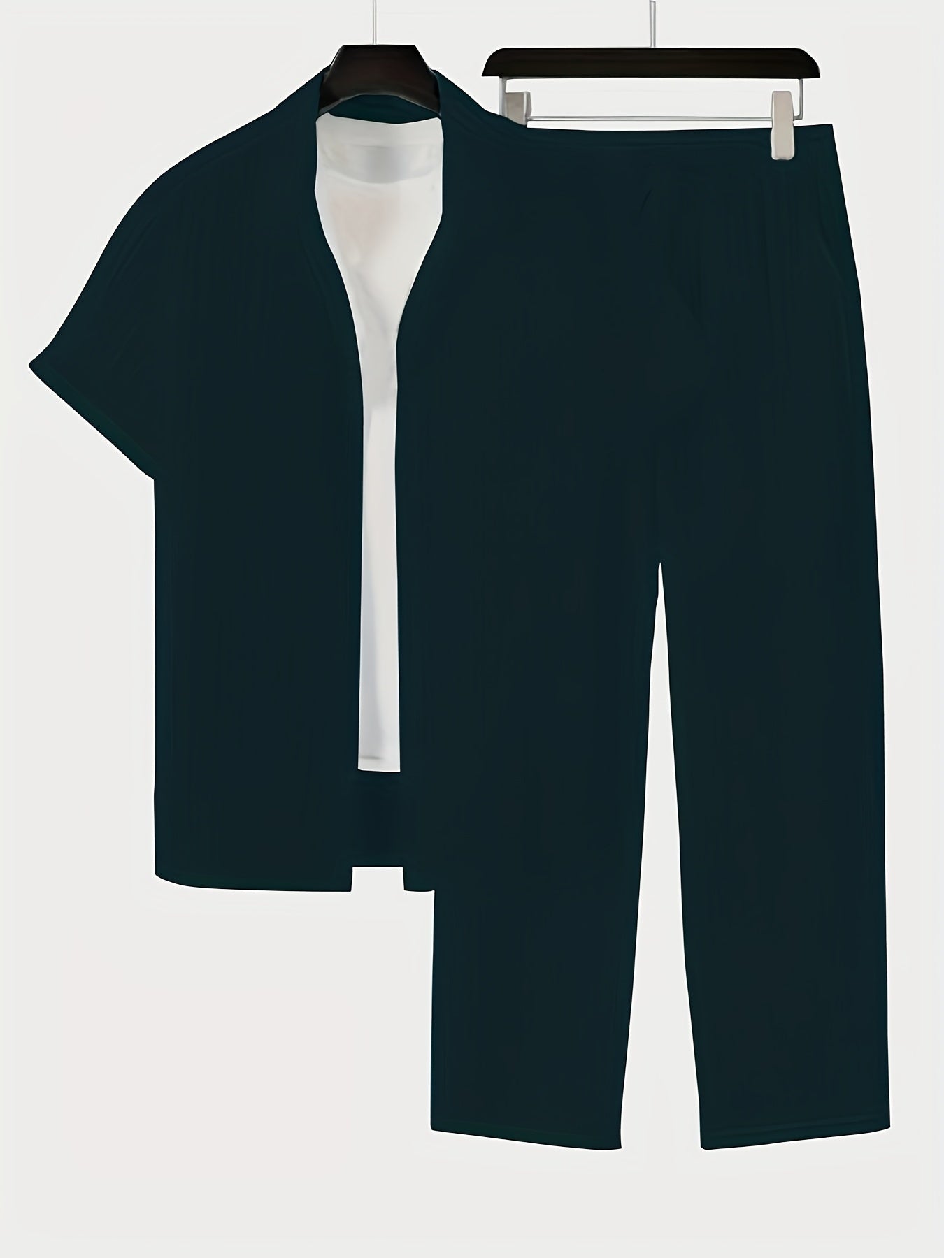 New Men's Short-Sleeved Cardigan Turnover Collar Shirt and Trousers Home Leisure Outerwear Set Men's Fashion Striped Style