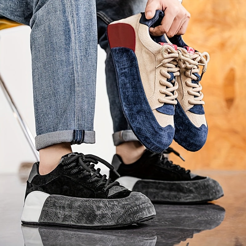 Men's Lightweight Breathable Casual Sneakers - Thick Cushioned Sole, Lace-Up Low-Top Design, Durable PU & PVC Construction for All-Season Outdoor, Gym, Running & Daily Wear - Black, Outdoor Walking Shoes, Chunky Sole, Comfort