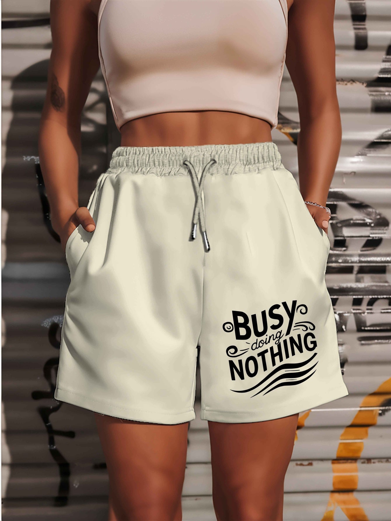 Busy doing nothing 2025 New Plus Size Women'S Shorts Summer Casual Versatile Medium Pants Sports American Trendy Outerwear Extra Large Five-Fifth Pants Summer Beach Pants - Polyester, Casual, Summer, Track Shorts, Slight Stre