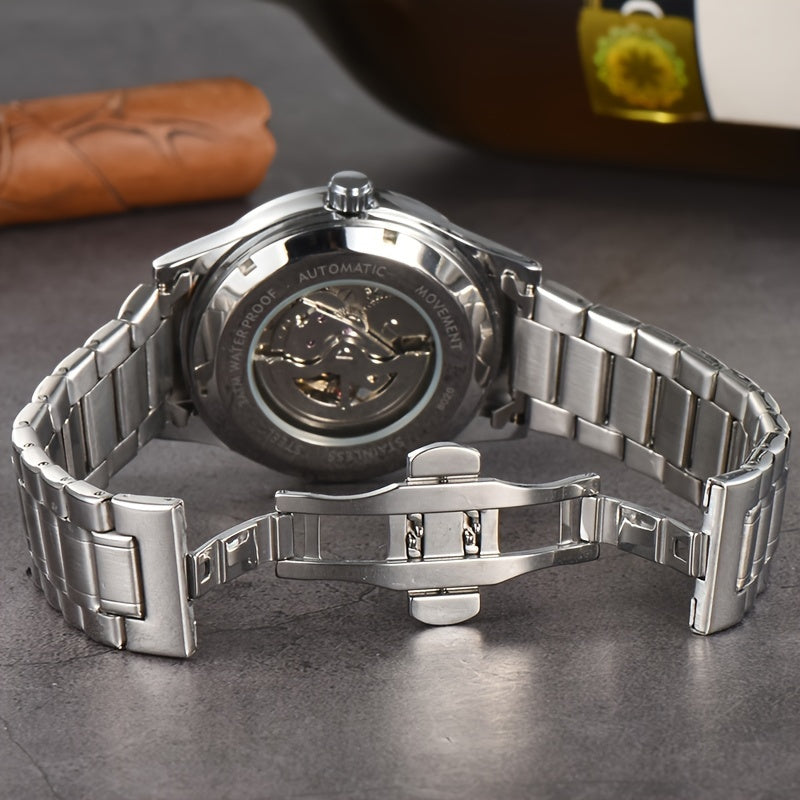Men's Business Leisure Automatic Mechanical Watch, Stainless Steel with Blue Accents, Transparent Back, Date Display, Water-Resistant up to 10m, Ideal Gift, Business Watch | Mechanical Aesthetic | Stainless Steel Band