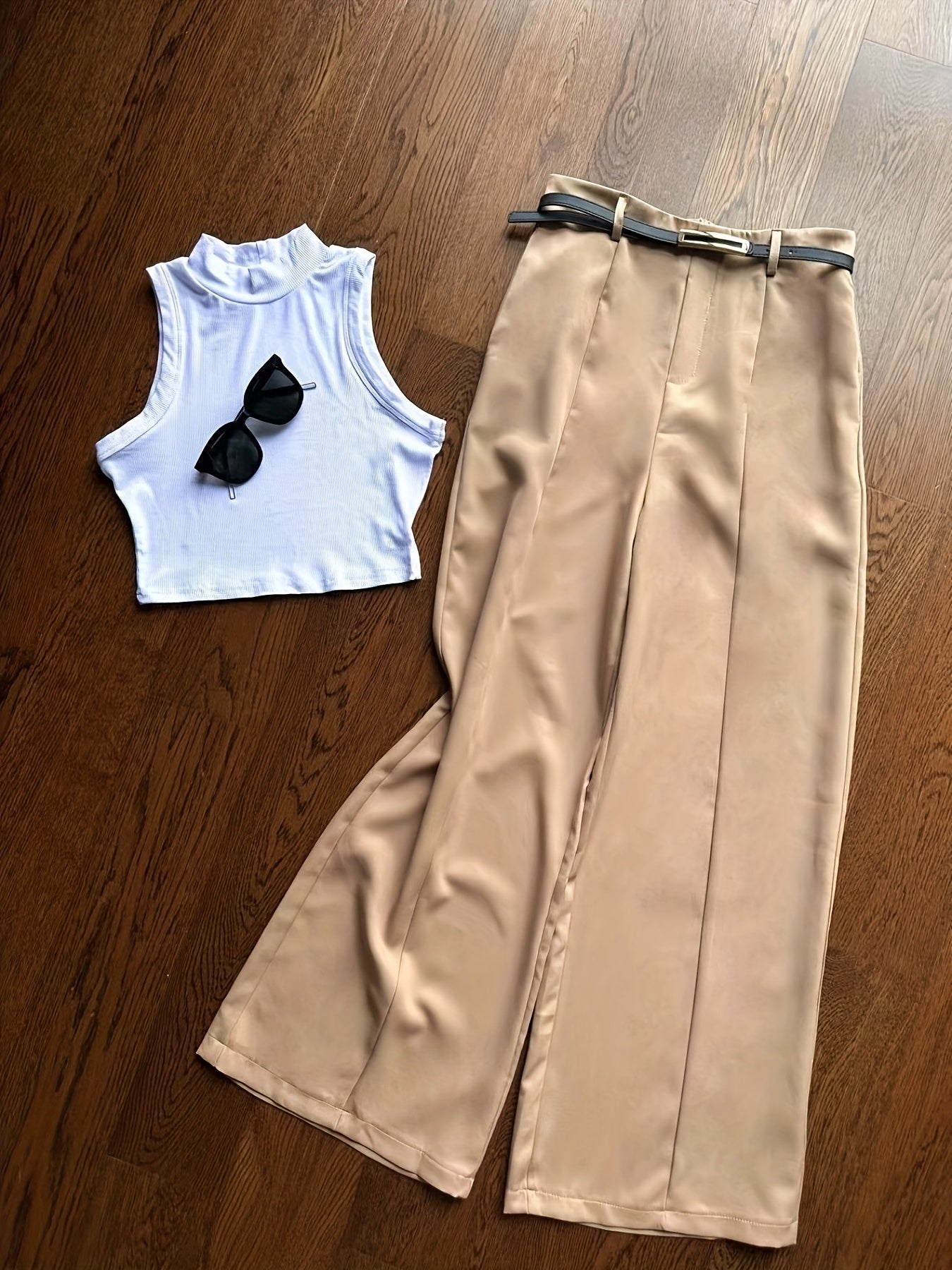 Summer Sexy Half-Turtleneck Sleeveless Vest + Versatile Western Flare Pants Set with Belt
