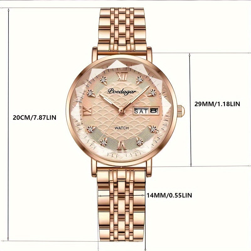 1pc POEDAGAR Elegant Women'S Quartz Watch - Luxurious Rose Golden-Tone with Luminous Hands, Calendar Display, Alloy Case & Band, Quartz Movement, Fashion Accessory|Elegant Timepiece|Rose Golden Finish, Watch Accessories