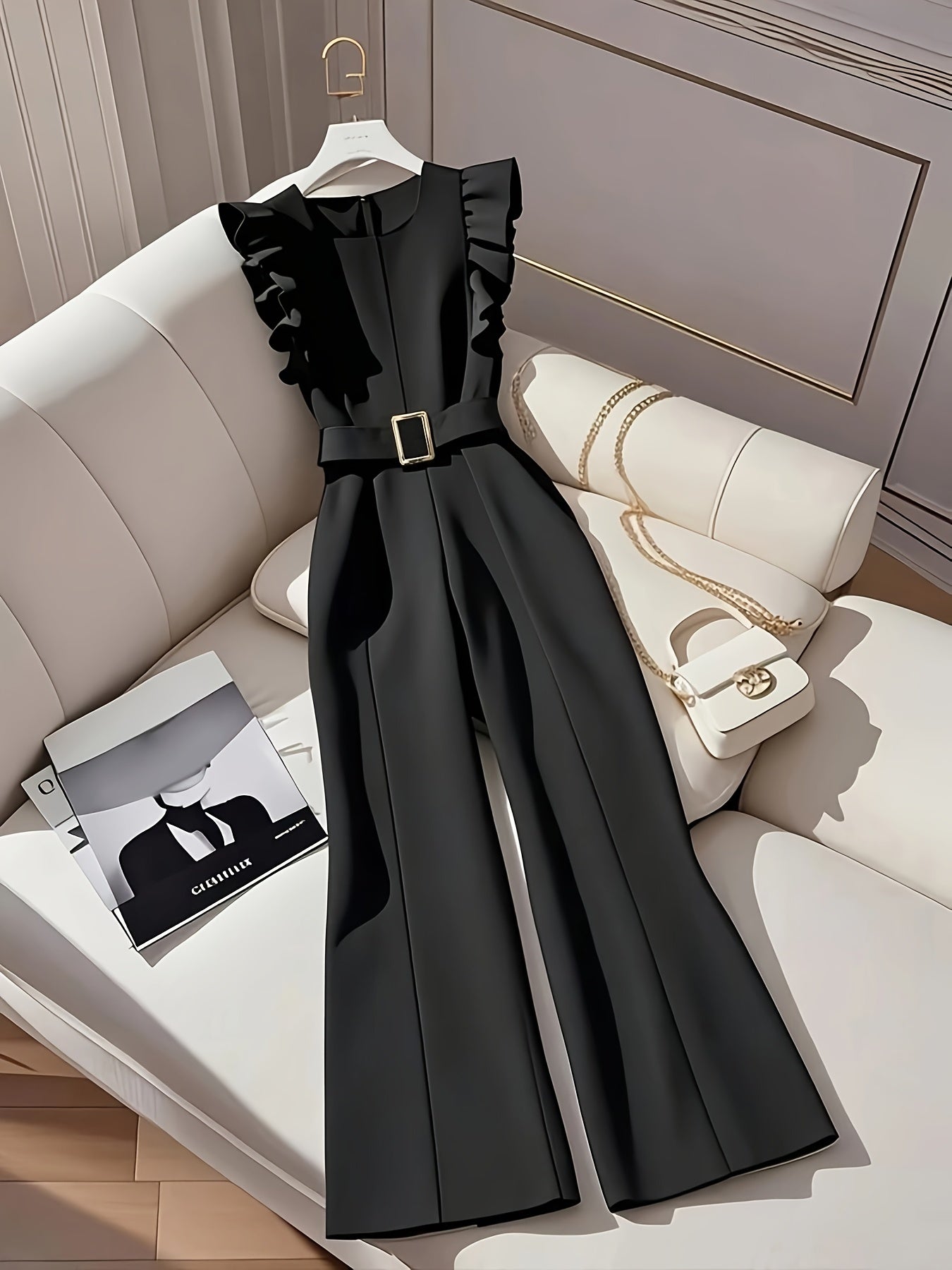 Women'S Sleeveless Ruffle Trim Jumpsuit with Belt - Elegant Waist-Cinching Wide-Leg Design, Black Solid Color for Autumn Commute & Casual Gatherings, Versatile Layering Piece, Autumn Attire, Sophisticated Style, Quality Craft