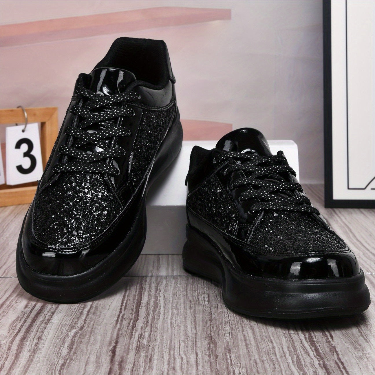 Men's Low-Top Casual Sneakers - Black Sparkling Embellishments, Breathable PU Upper & EVA Cushioned Sole, Lace-Up Comfortable Walking Shoes for Men & Women, Comfortable Footwear | Sleek Shoe Design | Flexible Footwear