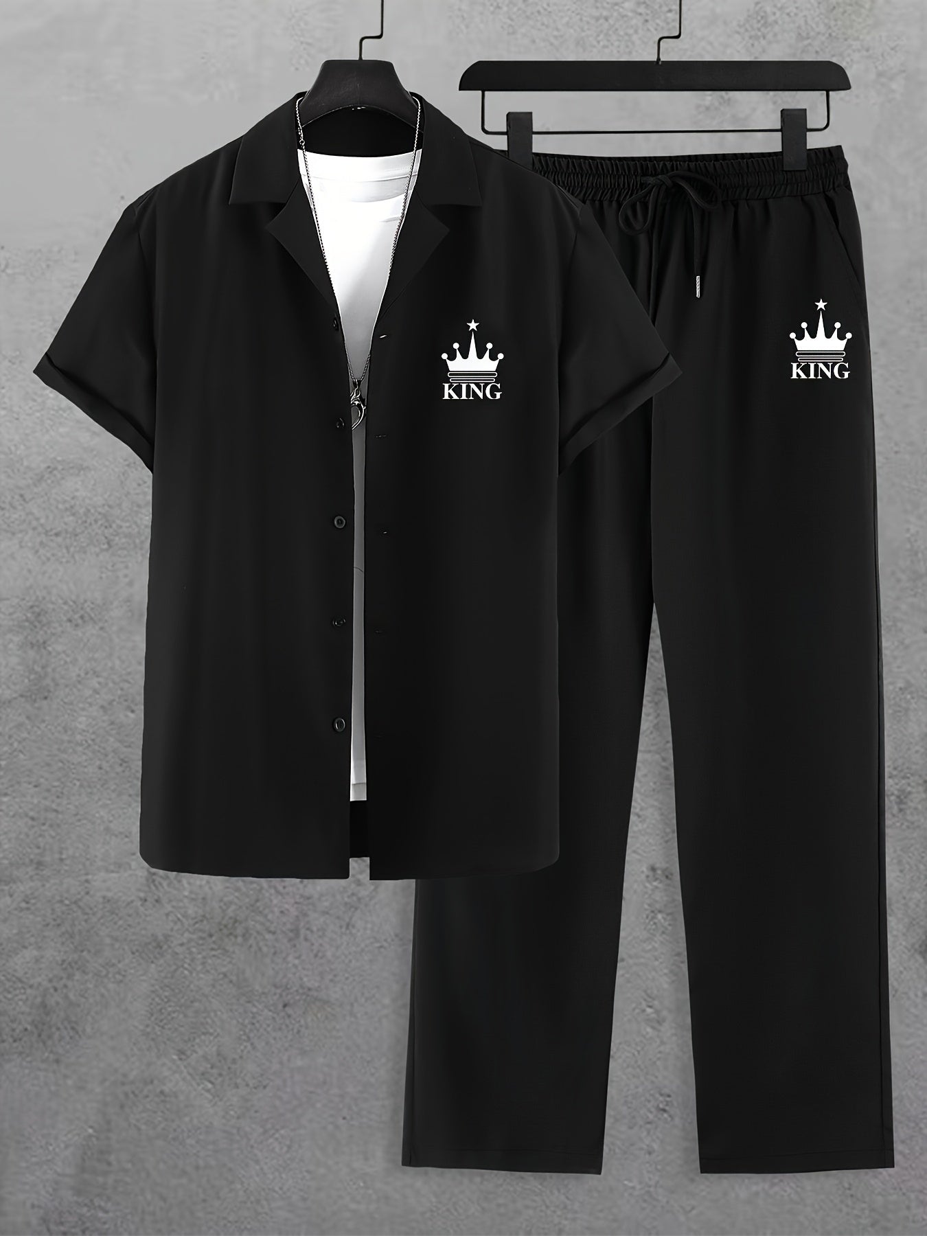 Men'S Casual Summer Crown Print Short Sleeve Button-Up Shirt & Pants Set - Black, Relaxed Fit, Non-Stretch Fabric, Lapel Collar, Stylish for Casual Attire, Casual Attire|Crown Print Design|Relaxed Fit Pants, Crown Shirt