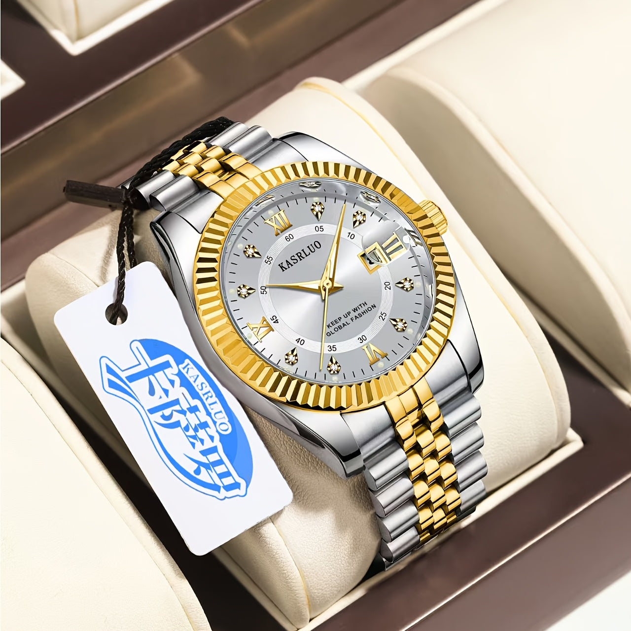 KASRLUO Elegant Men's Quartz Watch - Luminous Date Display, Golden-Tone Stainless Steel Band, Business Style with Rhinestone Detailing, Battery Operated