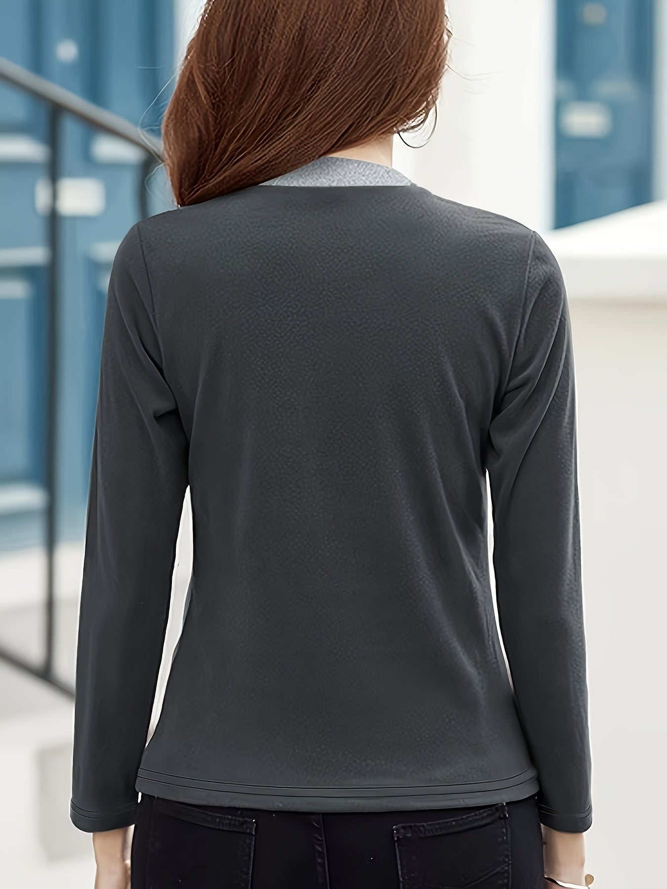 Women's Chic Color Block Casual Top - High Stretch Polyester & Elastane Blend, Button Detail, Machine Washable - Elegant Stand Collar, Long Sleeve, Beige & Brown