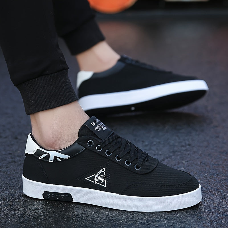 Men's Classic Lace-Up Sneakers - Breathable Canvas Walking Shoes with Non-Slip Rubber Sole, Comfortable for All Seasons, Casual & Sporty, Black with White Accents