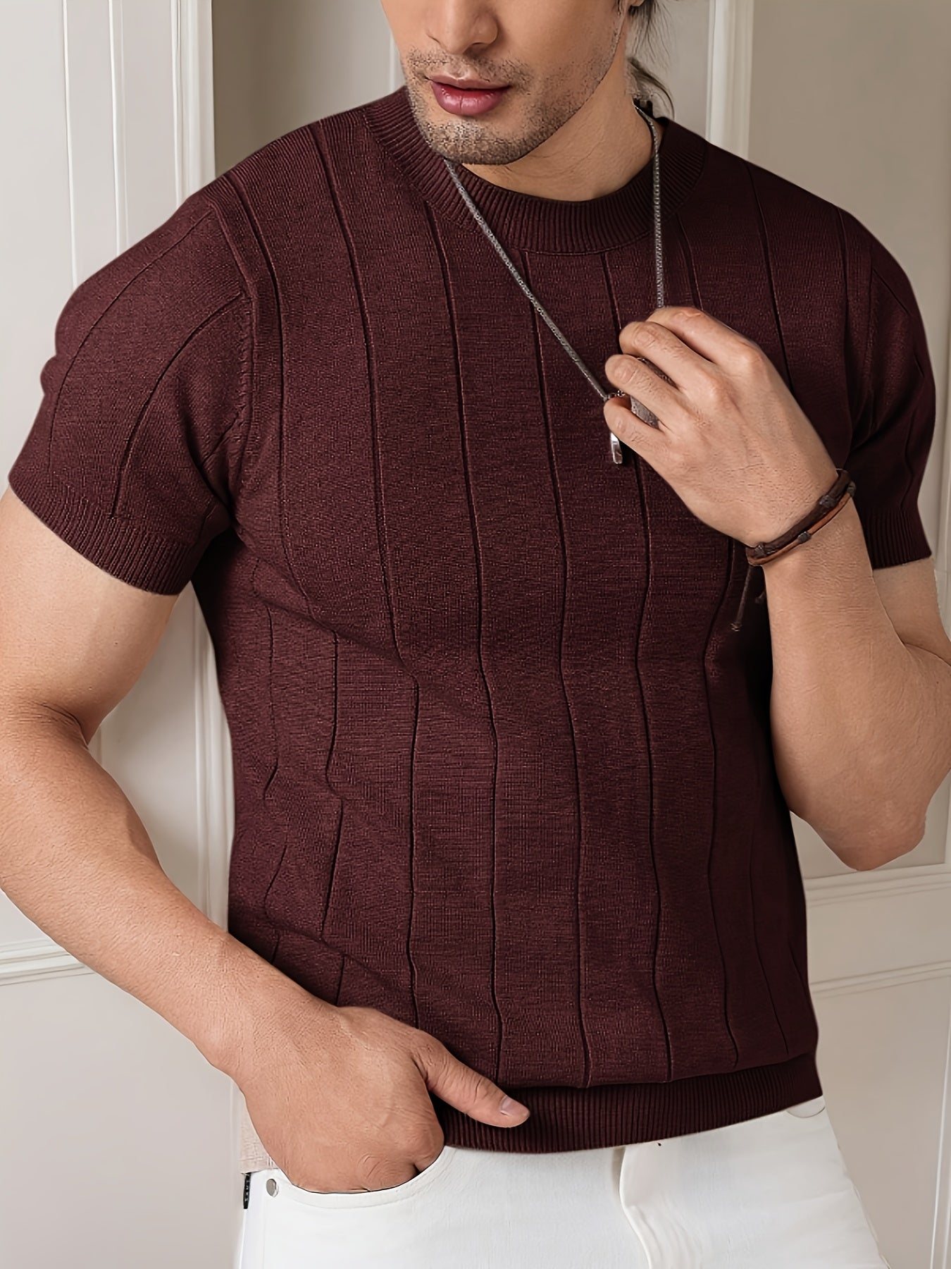 Men's Slim Fit Striped Textured Knit Crew Neck T-Shirt - High Elasticity Short Sleeve Casual Top for Spring/Autumn, Breathable Daily Leisurewear, Spring Fashion, Classic Style, Durable Construction, Pullover Shirt, Stylish Me