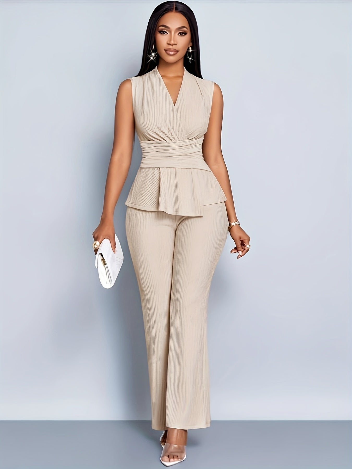 Chic V-Neck T-Shirt and Wide-Leg Pants Two-Piece Set with Asymmetrical Hem Casual Women's Spring and Summer Sleeveless Short-Sleeve Outfit