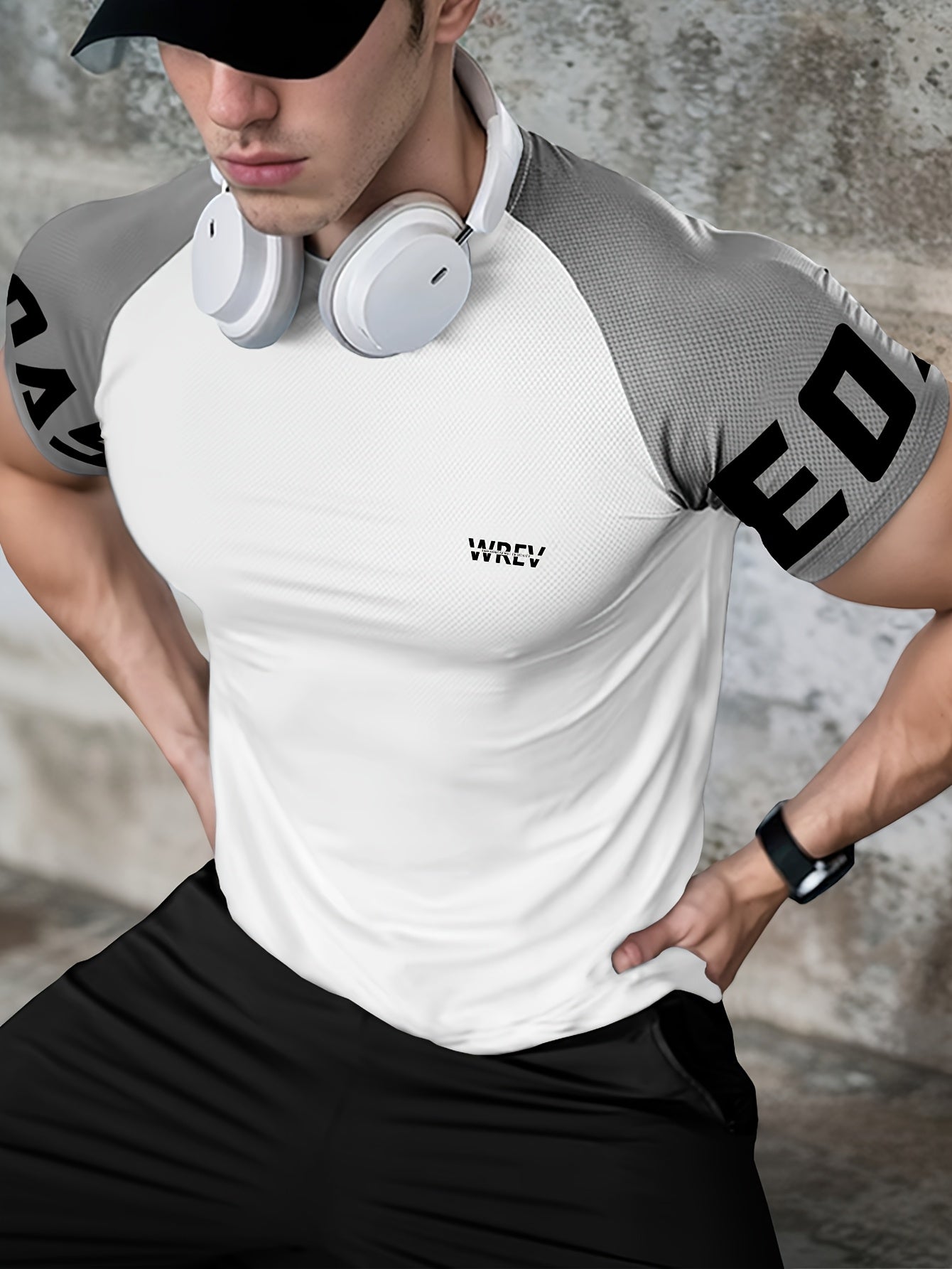 Men's Quick-Dry Breathable Mesh Sports T-Shirt - Summer Gym Workout Top with Contrast Black & White Sleeves & for Man Letter Print, Slim Fit for Running Training Casual Wear, Breathable Running Gear | Sporty Casual Tee | Mesh