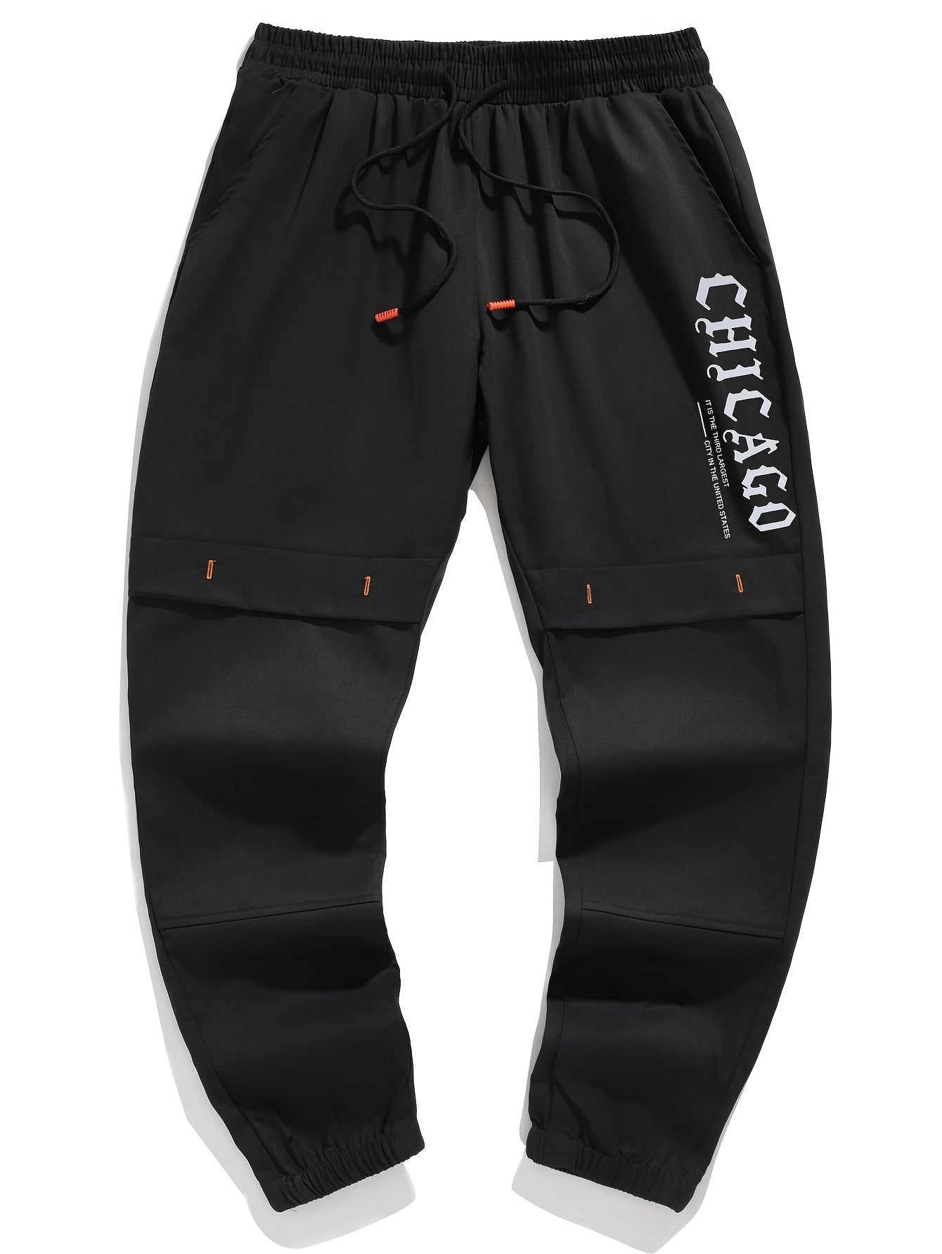 Men'S Casual Drawstring Joggers, 100% Polyester Non-Stretch Woven Fabric, All-Season Regular Fit Trousers with Alphabet Print Detail, Fashionable Workwear Style