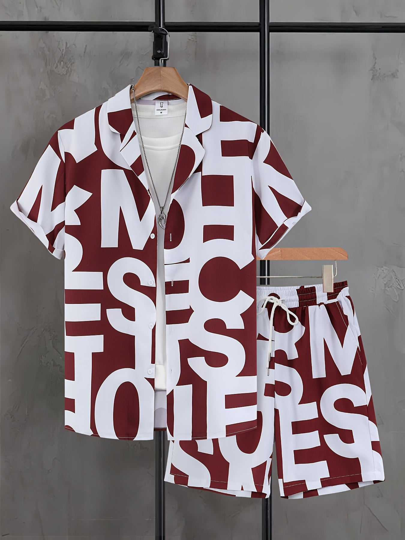 Men's Suit with Black and White Letter Print, Short Sleeve, Open Collar Shirt and Shorts, Casual Set