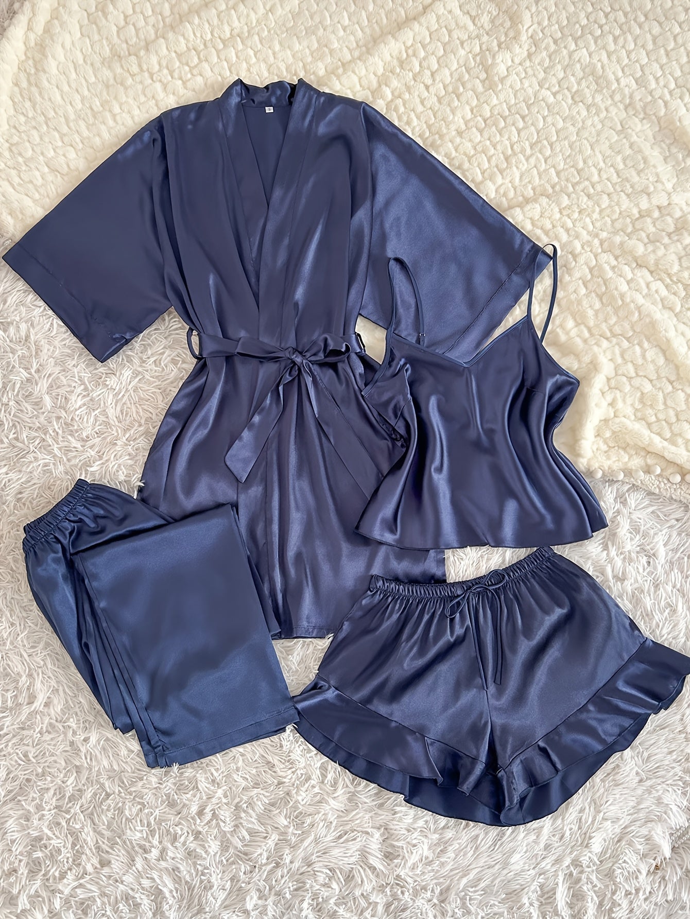 Women'S All-Season V-Neck Pajama Set - Comfortable, Sexy, Polyester 4pcs Sleepwear with Tie Waist And Drawstring Shorts, Perfect for Autumn And Winter, Autumn Winter Sleepwear | Stylish Sleepwear | Polyester Fabric
