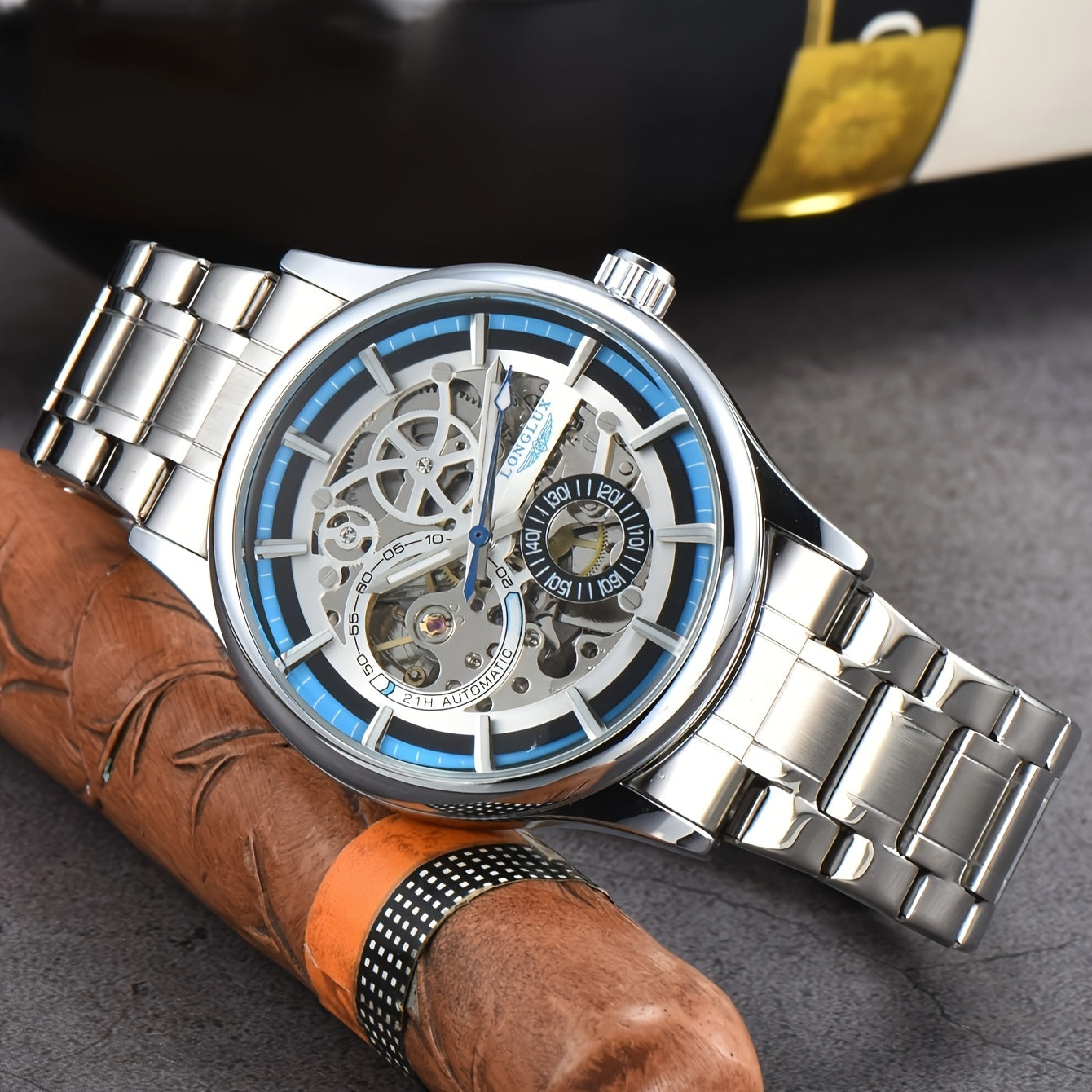 Men's Business Leisure Automatic Mechanical Watch, Stainless Steel with Blue Accents, Transparent Back, Date Display, Water-Resistant up to 10m, Ideal Gift, Business Watch | Mechanical Aesthetic | Stainless Steel Band