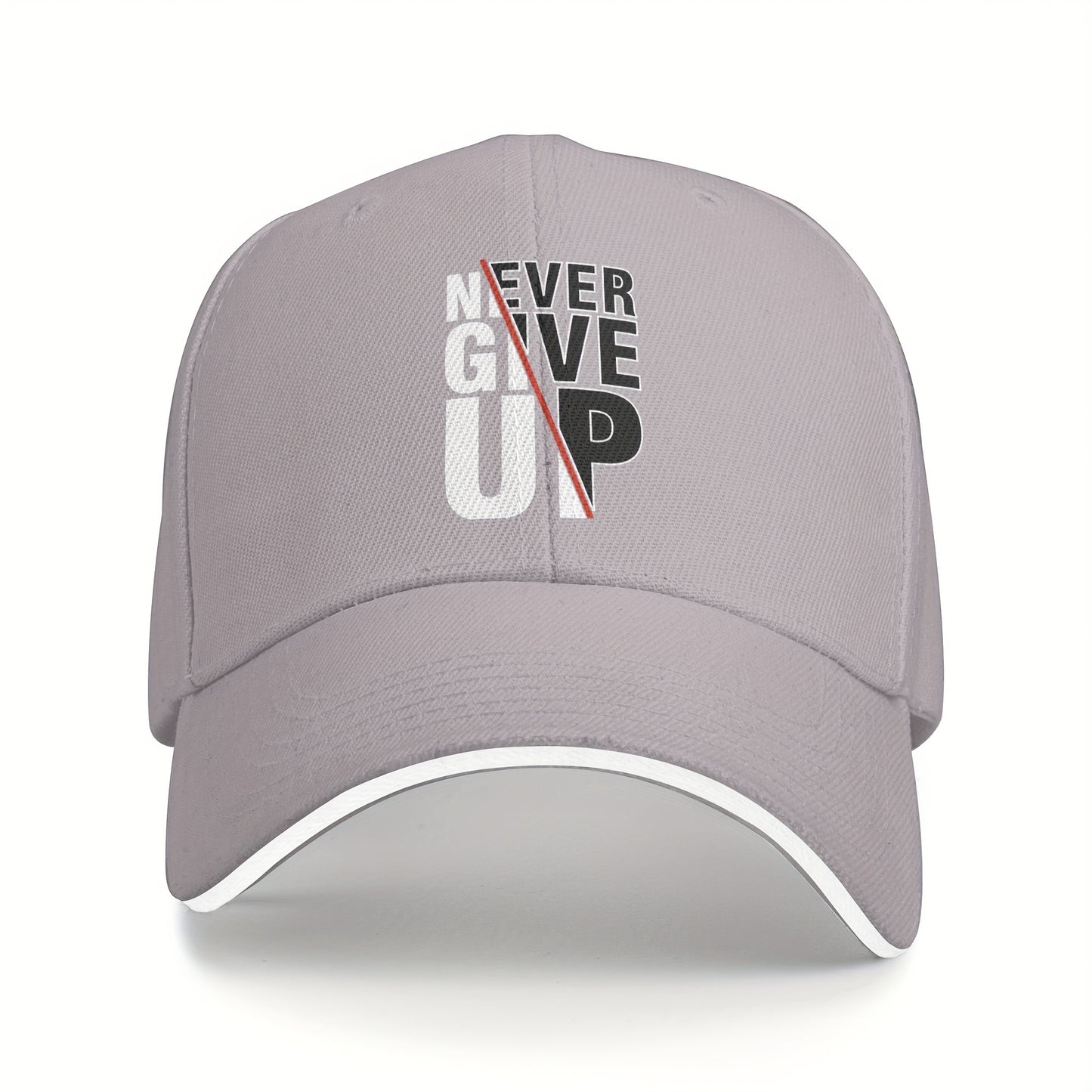 1 Pack Never Give Up Print Baseball Cap - Adjustable Snapback Dad Hat with Breathable Mesh Back, Funky Unisex Trucker Hat for Outdoor Fishing Driving, Black with White & Red Lettering, One Size Fits Most (53.34-63.5 cm)