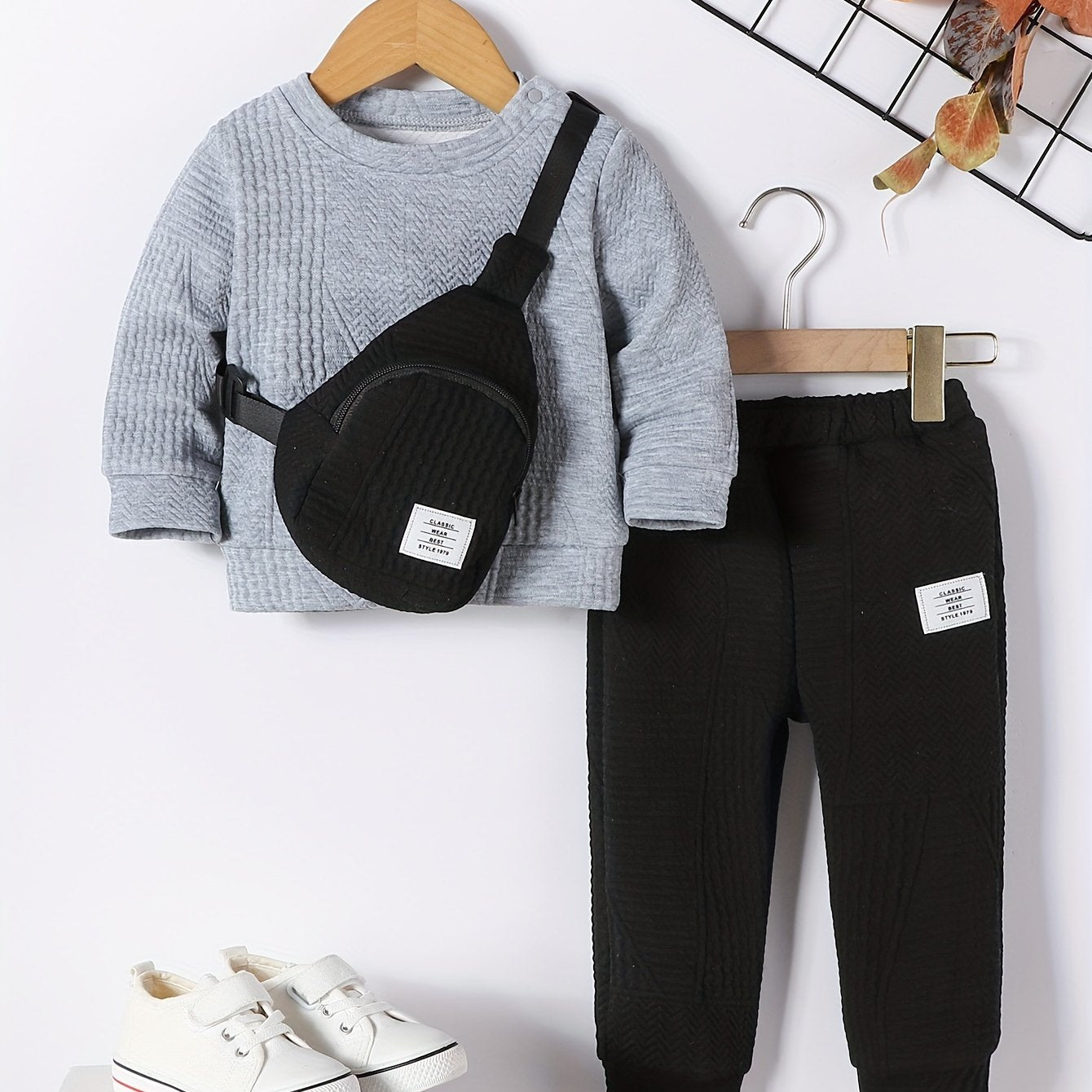 3pcs Set for Boys: New Autumn Shoulder Button Plain Round Neck Sweater, Trousers and Crossbody Bag, Casual and Fashionable Three-piece Set