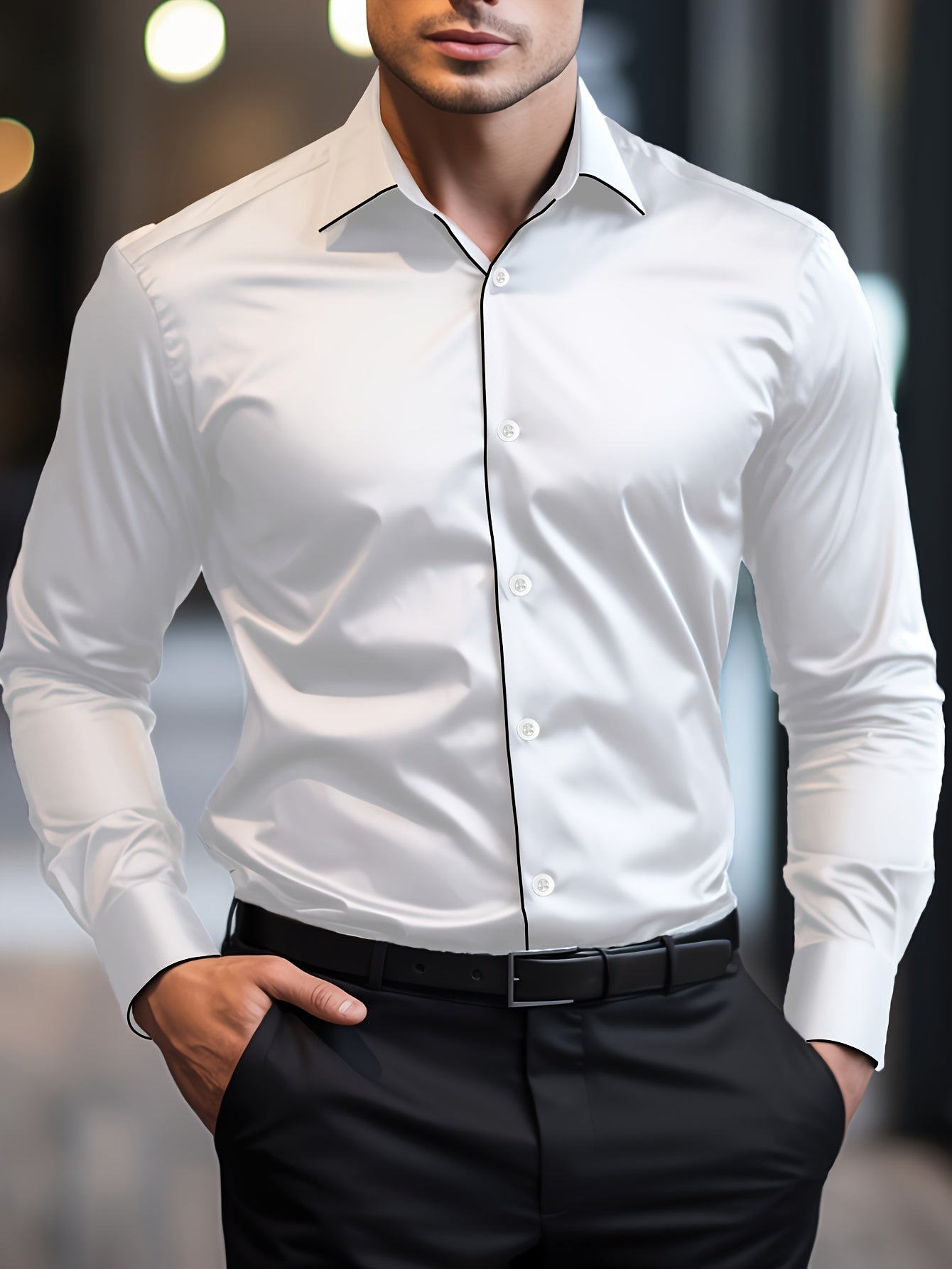 Elegant Men's Solid Color Long Sleeve Dress Shirt with Stylish Contrast Trim - 100% Polyester, Button-Up, Machine Washable - Ideal for Formal & Semi-Formal Occasions