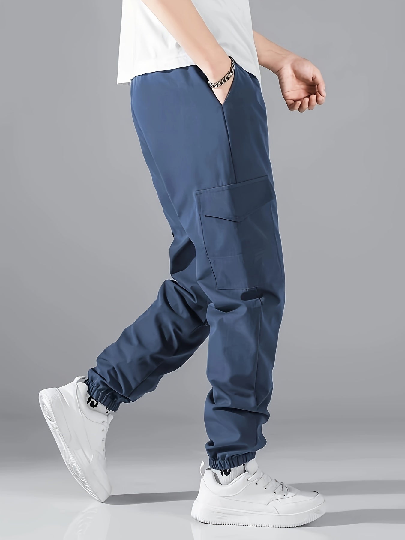 Men's Casual Athletic Cargo Pants - Solid Color, Polyester, Machine Washable with Multiple Pockets