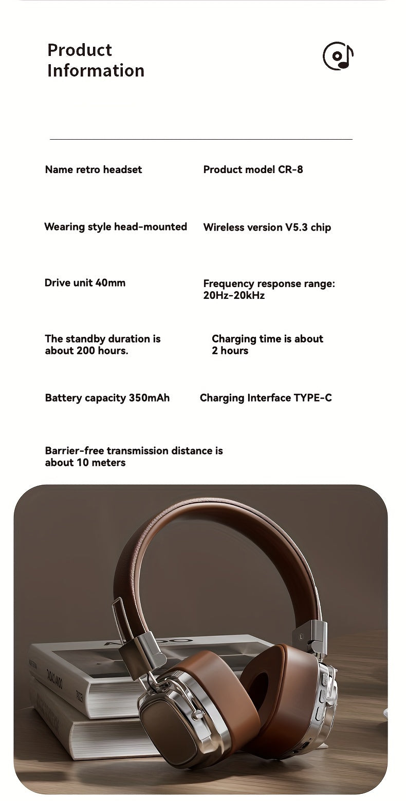 Vintage-Inspired Over-Ear Wireless Headset With Wireless 5.3 Chip - No Lag Gaming, Hi-Fi Sound & Deep Bass, Long-Lasting 350Mah Battery, Ideal For Music Lovers & Athletes