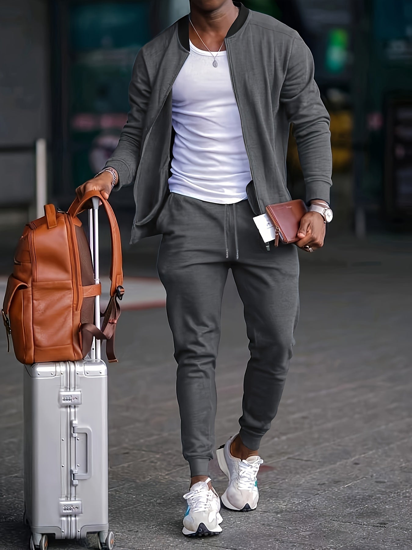 Men's Casual Polyester Sports Suit, Solid Color, Non-Stretch Fabric, Regular Fit, Baseball Collar Jacket and Sweatpants, Suitable for Spring/Autumn - Braided Eyelash Set