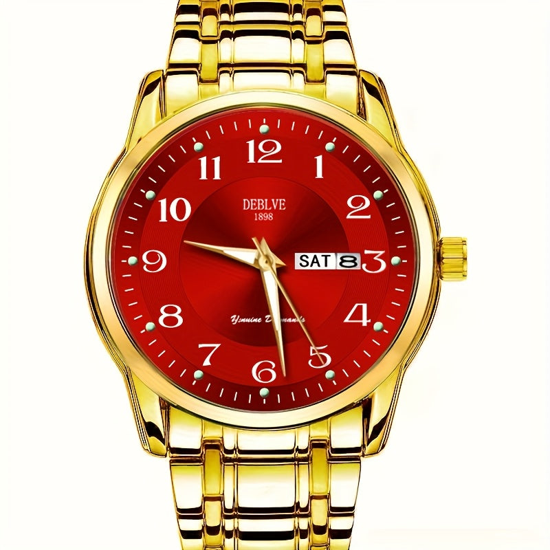 DEBLVE Men'S Fashionable Stainless Steel Watch with Luminous Numbers, Calendar & Week Display - Quartz Movement, Business Style, Ideal for Travel & Daily Use