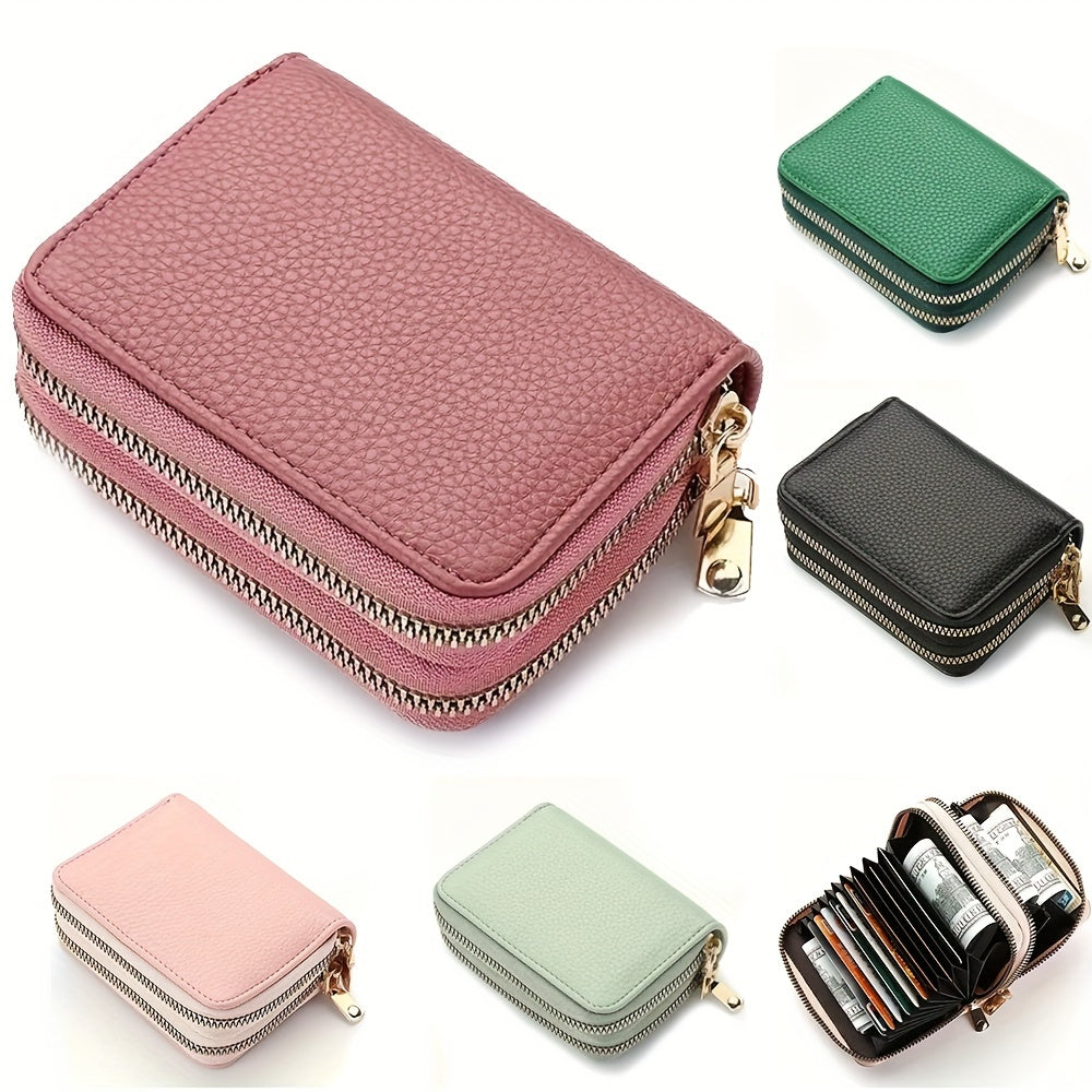 Fashion Double Zipper Wallet, Litchi Pattern Double Layer Short Credit Card Document Bag, Versatile Multicolor Coin Purse