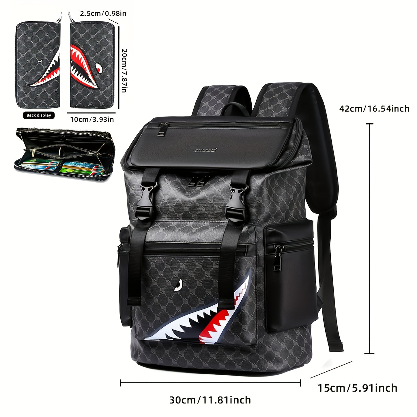 Men'S Stylish Black Backpack with Shark Graphic - Lightweight, Large Capacity, Multi-Functional Shoulder Bag for Travel, Commuting, School - Durable PVC Material, Sports & Fitness Design, Backpack for Travel