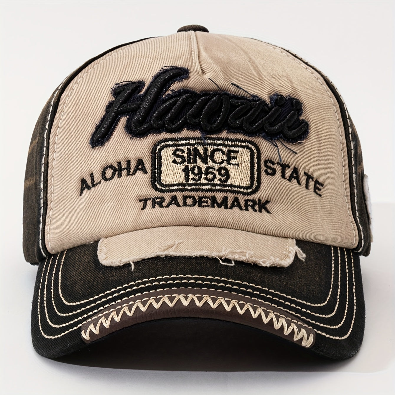 HAWAII Vintage Distressed Baseball Cap - Adjustable Lightweight Unisex Hat with 3D Embroidered Aloha Text, Dual-Tone Beige & Brown, Breathable Design for Men & Women, Daily Use & Vacation, Hawaiian Accessories, Casual Headwea