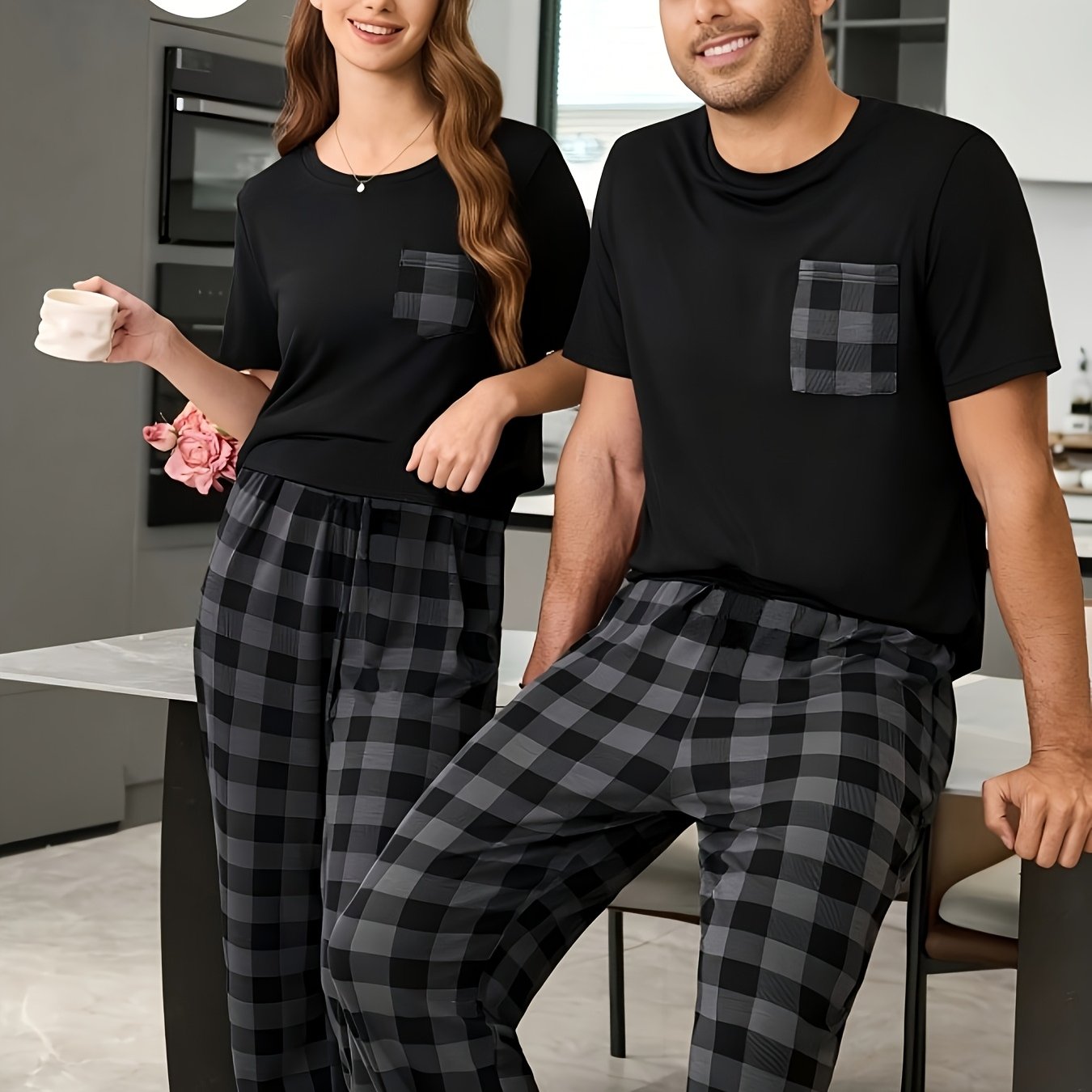 Print Round Neck Short Sleeve Top and Plaid Pants Pajamas for Men or Women Single Set
