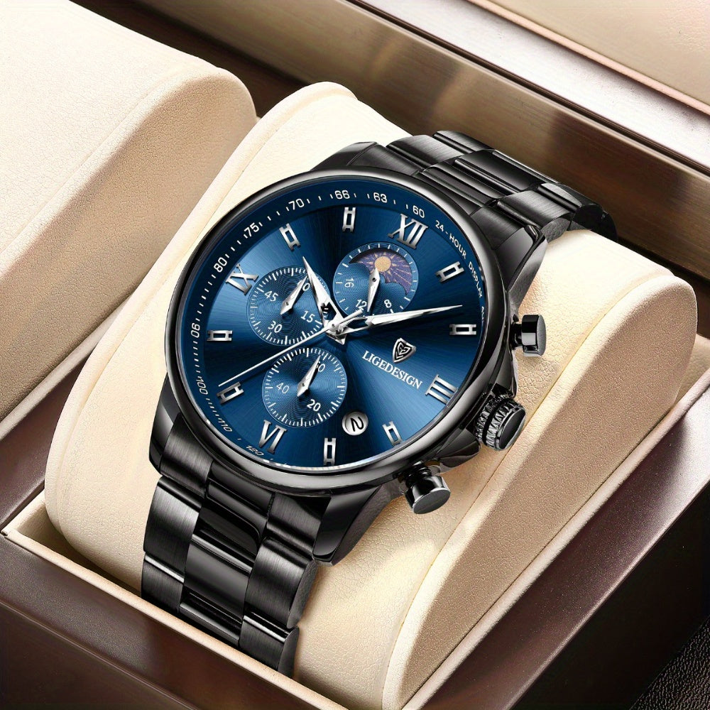 LIGE Black Blue Quartz Watch with Calendar, Exquisite & Simple Dial Stainless Steel Strap Multiple Colors High-quality Wrist Watch