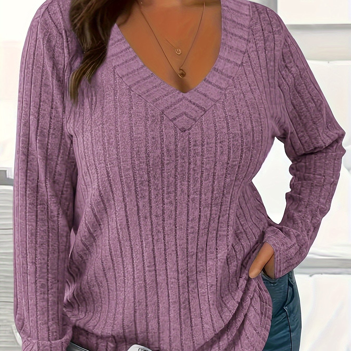 Women's Loose Fit V-Neck Polyester T-Shirt With Soft And Breathable Fabric, All-Season Casual Long Sleeve Tee, Machine Washable