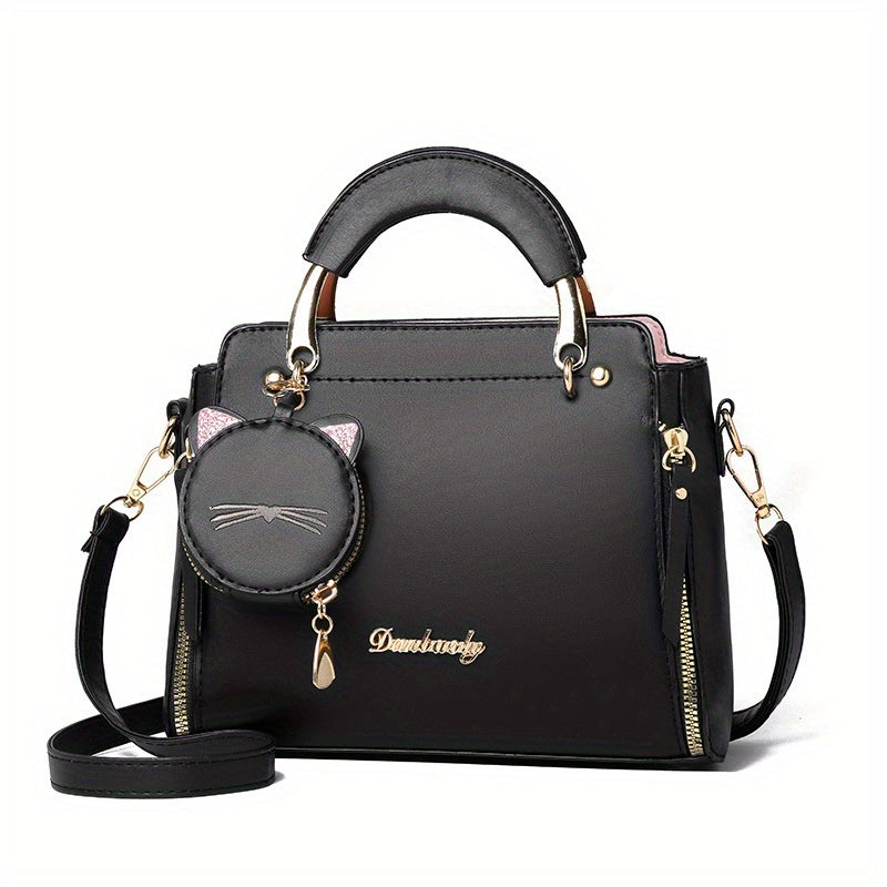 Women'S Fashion 2023 Embroidered Cat Design Messenger Bag, Removable Strap, Zipper Closure, Polyester Lined, Casual Shoulder Handbag with Edge Paint Detail