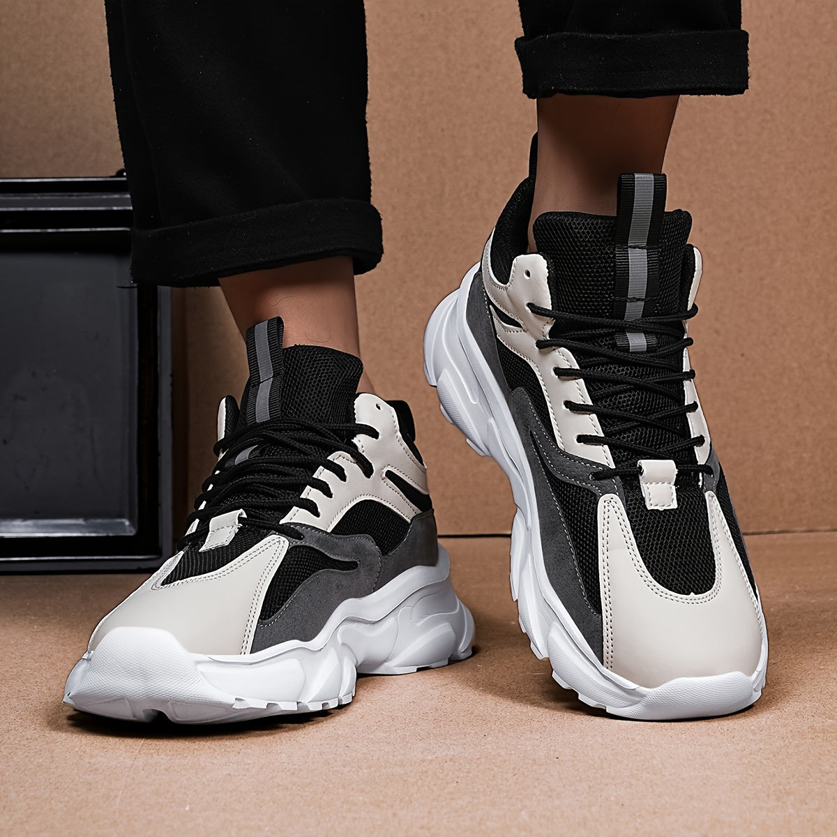 Men's Comfortable Breathable Fashion Sneakers - Stylish Two-Tone Casual Sneakers, Durable Non-Slip EVA Sole, Lace-Up, Low-Top for Everyday & Streetwear
