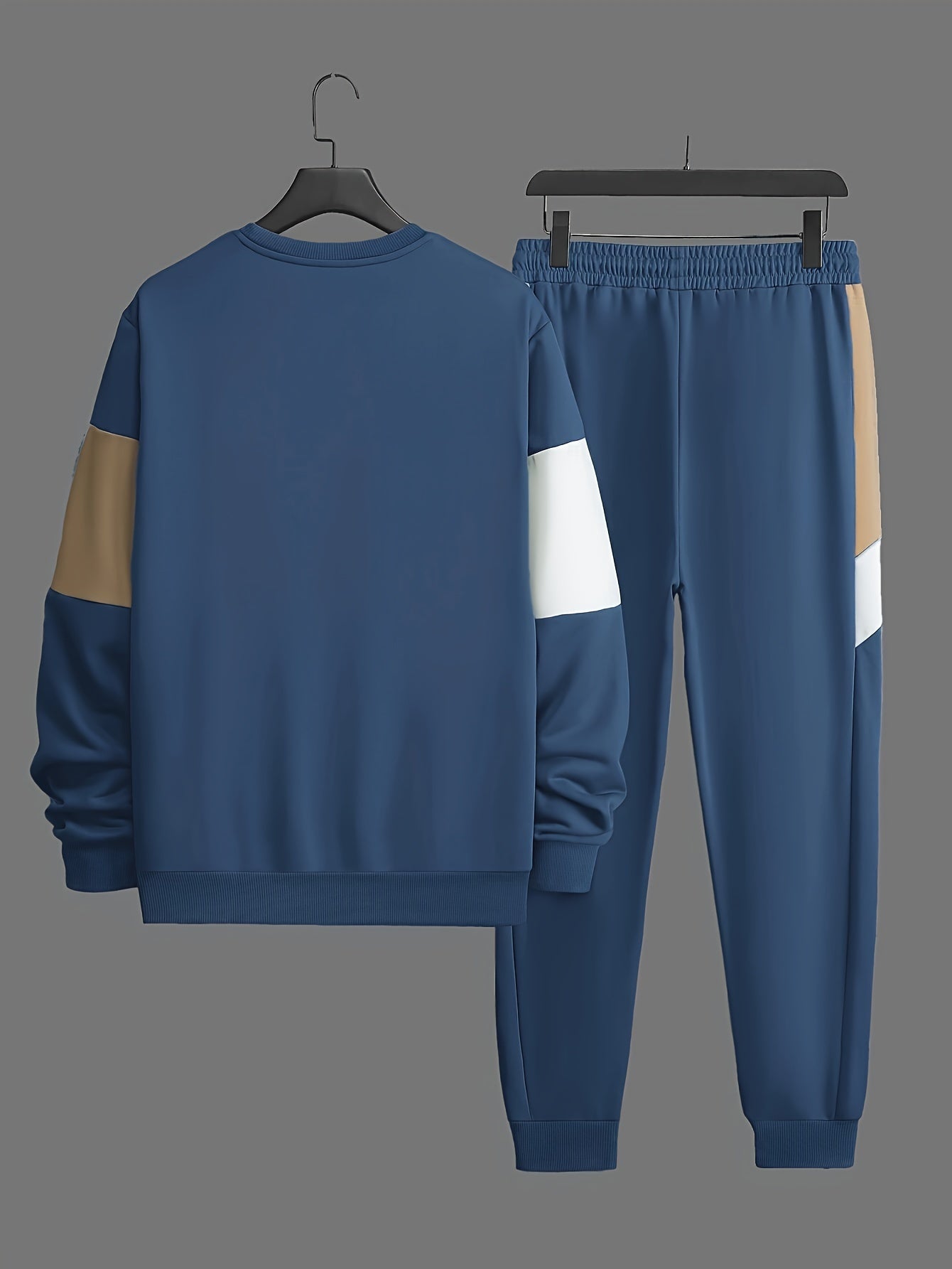Men's Casual Crew Neck Sweatshirt & Joggers Set - Color Block, Polyester Blend, Machine Washable - Perfect for Spring/Fall, Leisure Style, Conventional Version, Spring/Autumn
