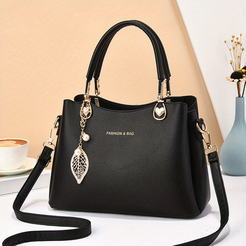 Elegant Wo 's Handbag with Detachable Shoulder Strap, Golden-Tone Hardware & Chic Leaf Charm - Stylish White Satchel for Everyday Use, Casual Chic Bag | Stylish Charm Handbag | Bag