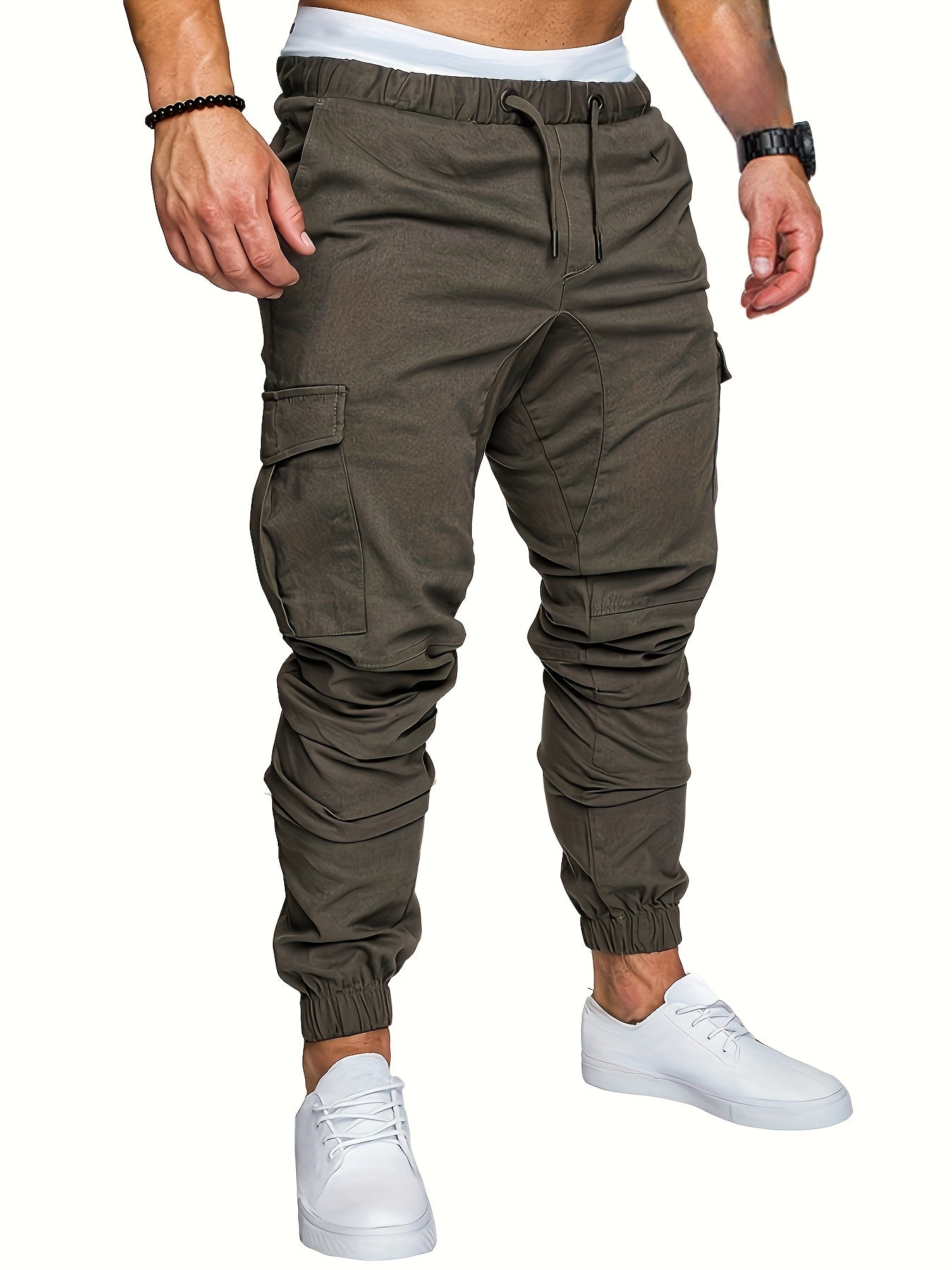 Men'S Casual Cargo Pants, 95% Cotton 5% Spandex, Skinny Fit, Solid Color, Long Length, Woven Fabric, Non-Stretch, with Pockets, 215g/m² Weight