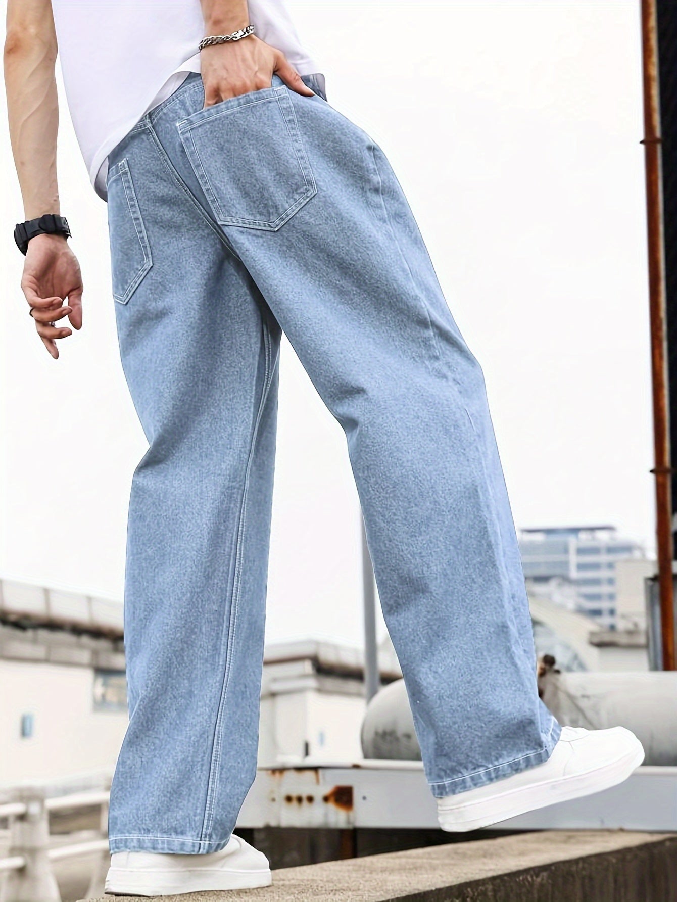 Men'S Loose-Fit Jeans, Cotton Blend Street Style Denim Pants, Non-Stretch Solid Color, Regular Length, with Multiple Pockets for All-Season Wear