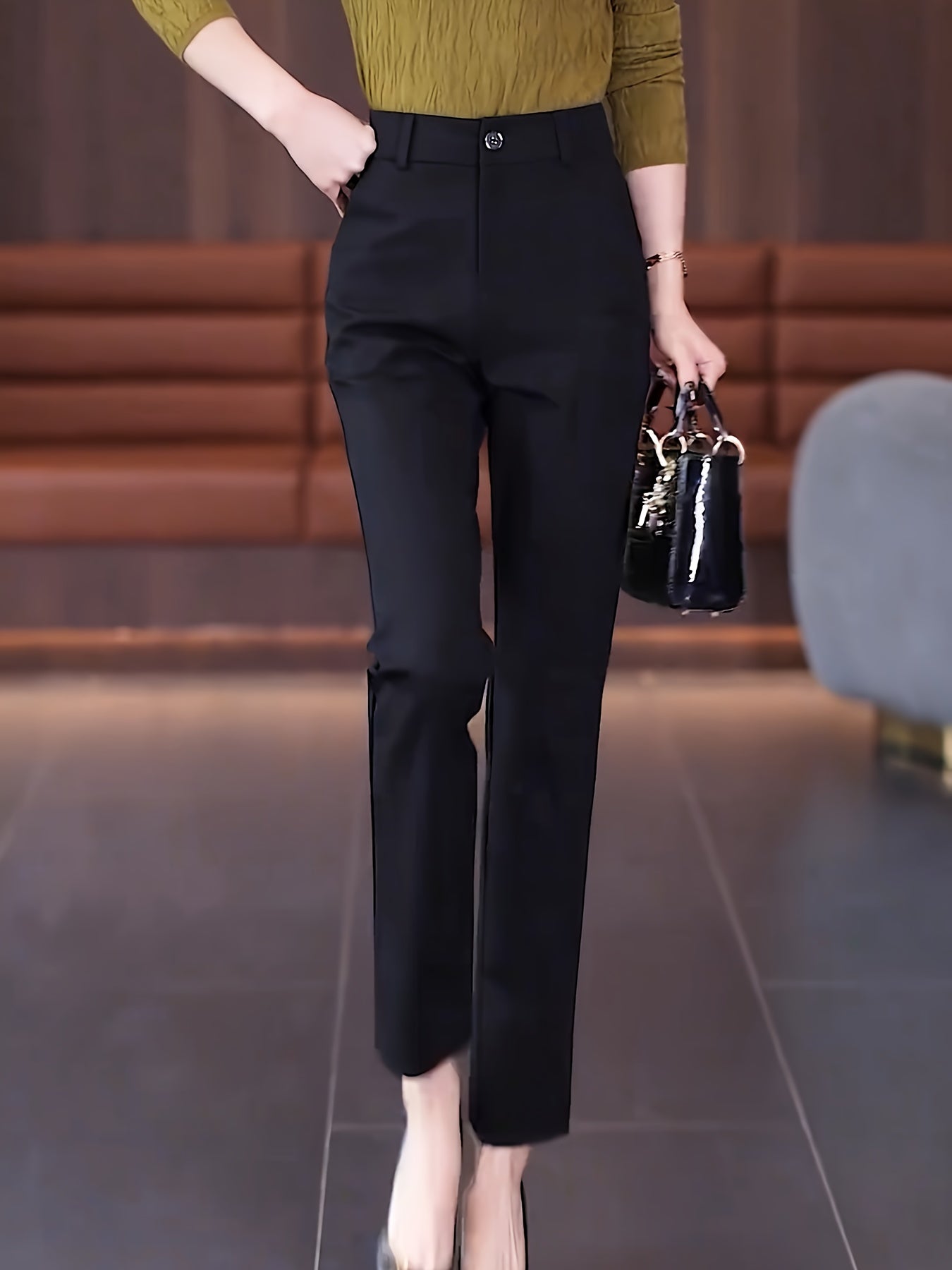 Women's High-Waist Straight-Leg Suit Pants - Navy Blue, Stretchy & Comfortable Nylon Blend, Slim Fit Professional Work Trousers with Pockets, Machine Washable, Versatile for Casual or Office Wear