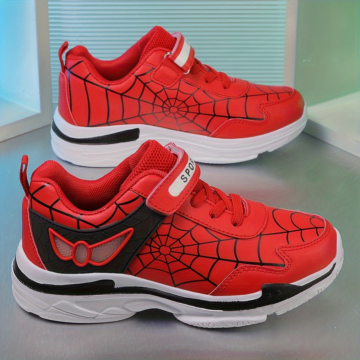 Kids Fashion Sneakers Breathable Lightweight Sport Casual Shoes with Cartoon Spider Web Design, Closure, Low Top PU and Fabric for Boys and Girls – Versatile All-Season Footwear for Outdoor Activities