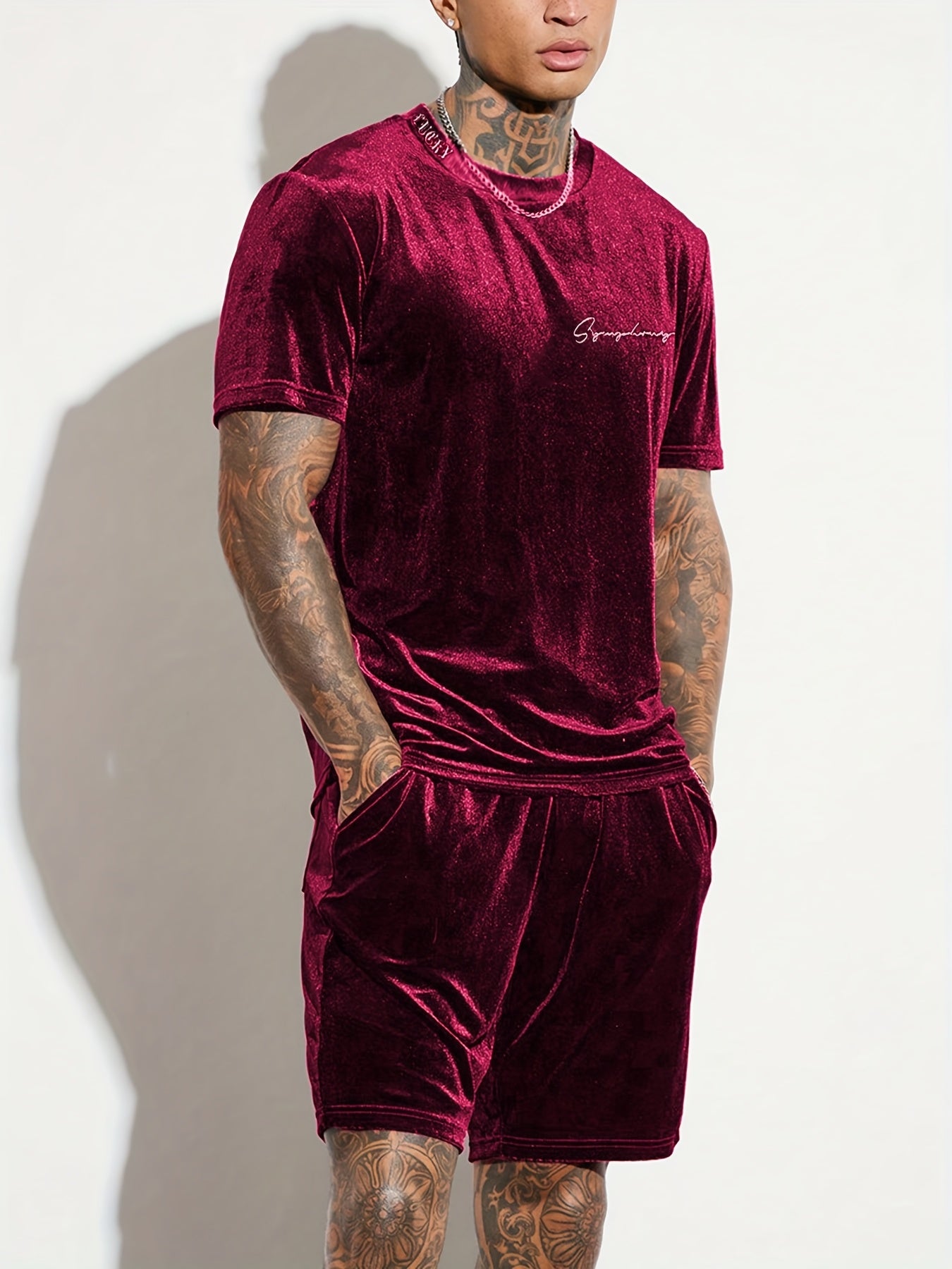 Men'S Fashion Velvet Knit Pullover Set, Contrast Letter Embroidery Top and Solid Color Drawstring Shorts, Simple Casual Outing Commuting Vacation Light Luxury Set, Regular Fit Elastic Knit Two-Piece Set, High-end Sheen Light