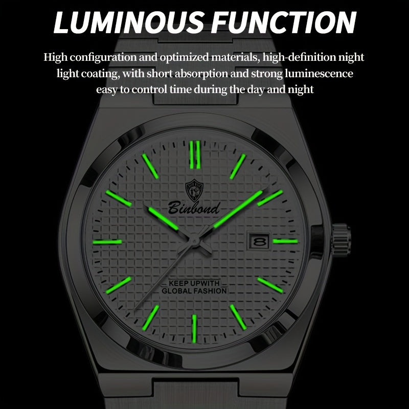 BINBOND Men's Classic Waterproof Quartz Watch with Stainless Steel Band, Luminous Dial & Date Feature - Perfect for Business or Casual Wear, Cool And Handsome Style
