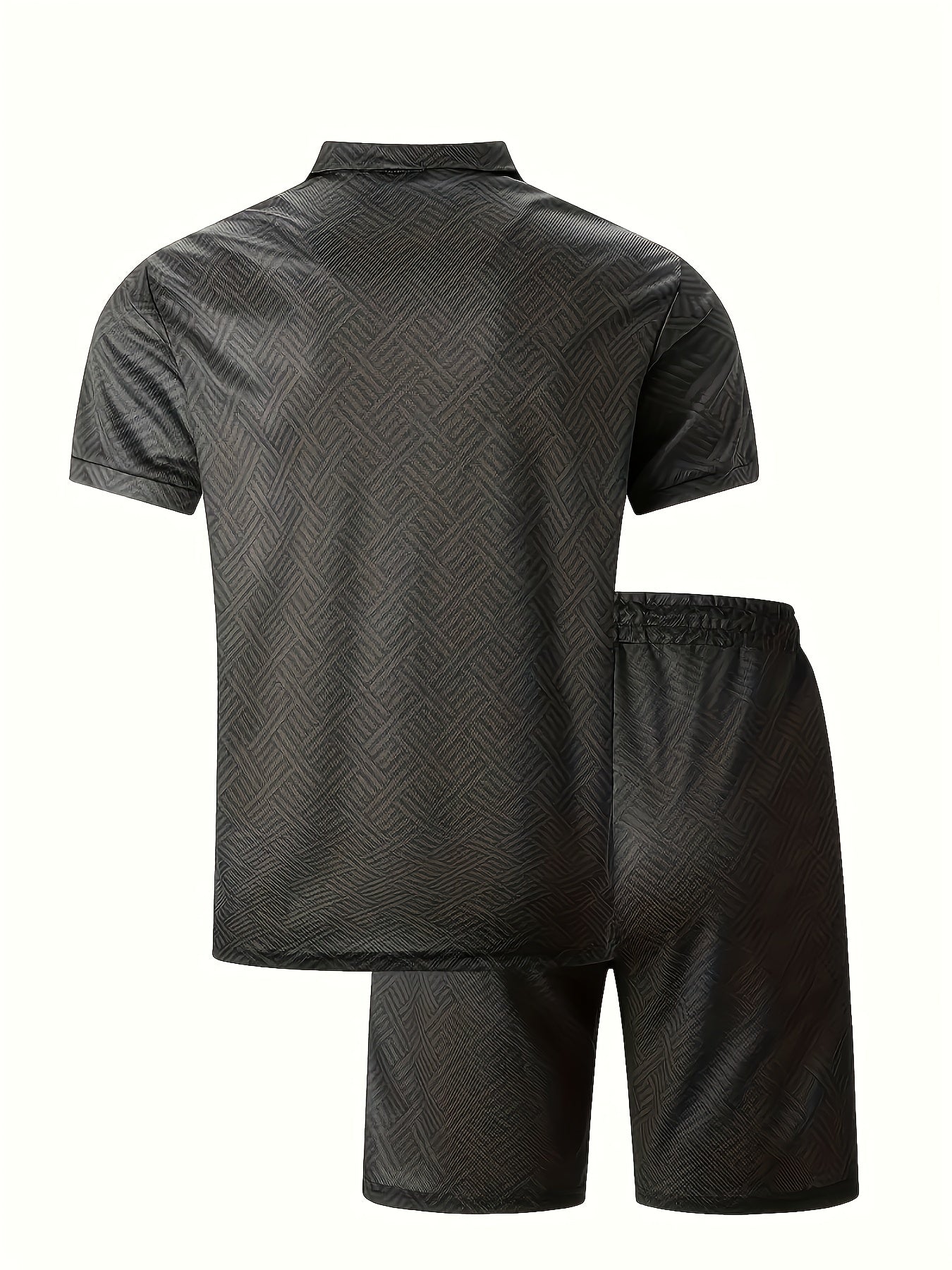 Men'S Tropical Print Casual Suit - Black Short Sleeve Zipper Shirt with White Pockets Shorts, Polyester, Machine Washable, Summer Beachwear, Summer Wear | Relaxed Fit Shirt | Woven Texture