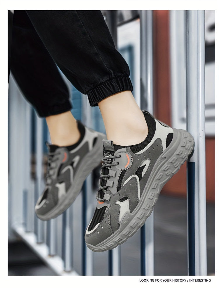 Men's Trendy Chunky Sneakers - Breathable Mesh & PU Upper, Durable PVC Sole, Lace-Up Casual Sneakers in Gray, Black & Orange, All-Season Comfort for Casual Attire