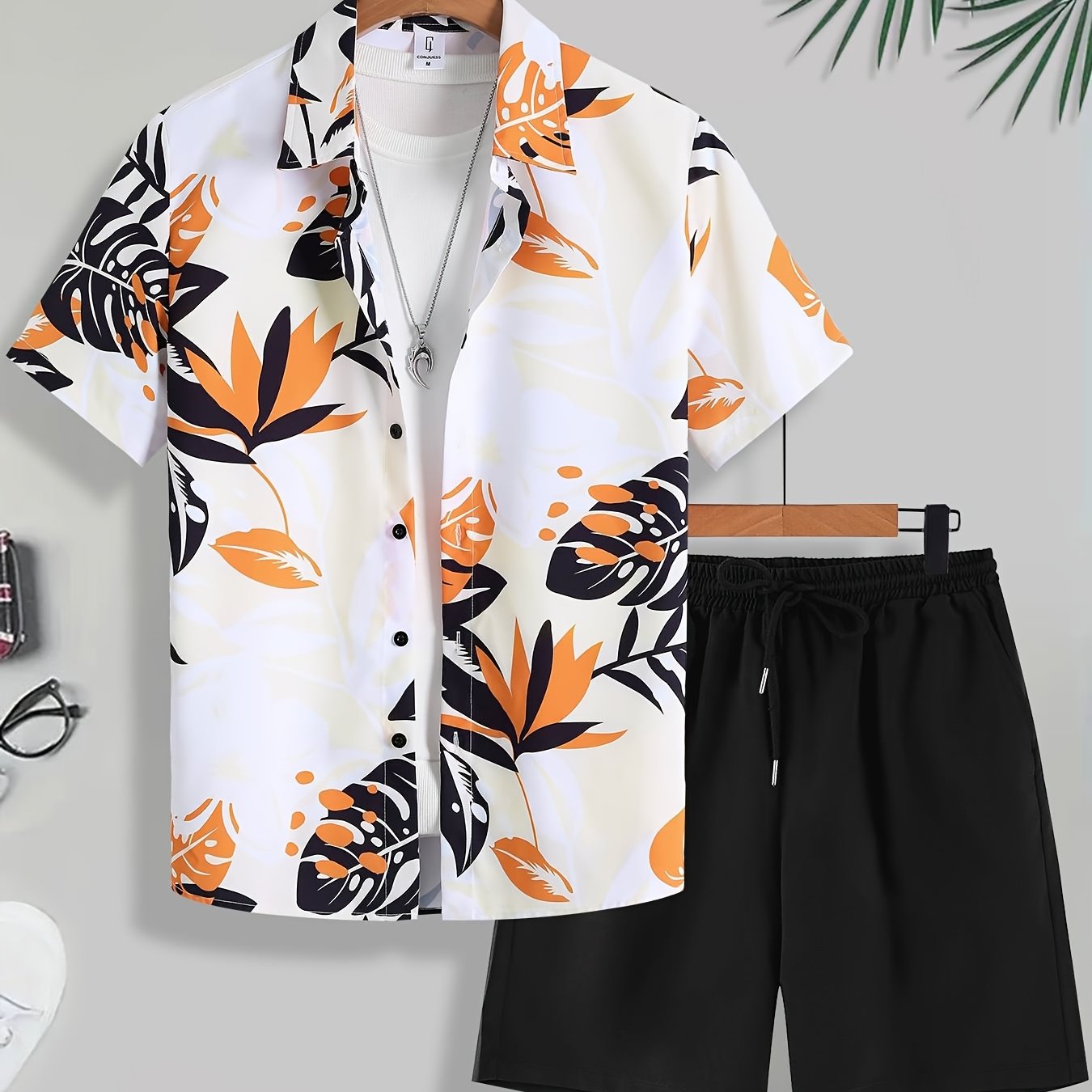 Men'S Tropical Palm Leaf Print Short Sleeve Shirt & Solid Black Shorts Set - Casual Summer Outfit with Drawstring Waist, Non-Stretch Fabric, Perfect for Beach or Vacation, Beach Attire | Tropical Print Shirt | Nonstretch Fabr