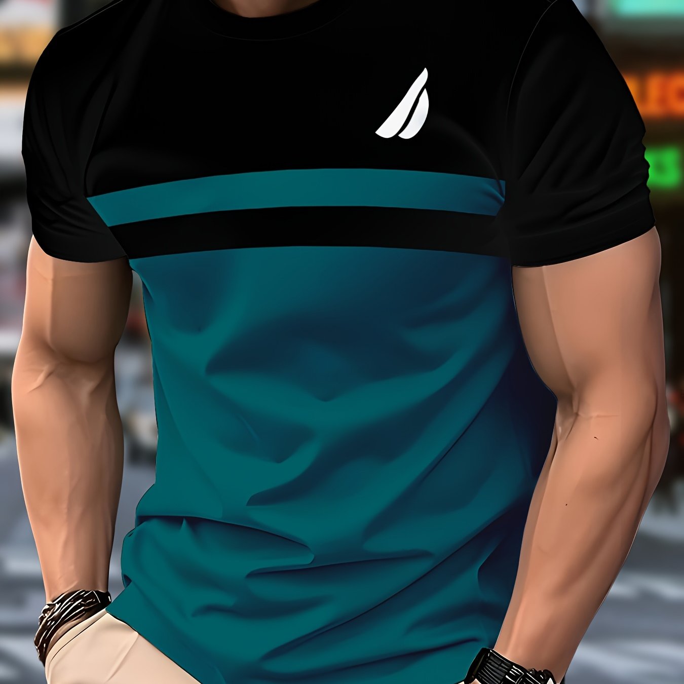 Men'S Novelty T-Shirt - Black & Teal Color Block Design, Casual Crew Neck, Short Sleeve, Regular Fit, Polyester Fabric, Perfect for Casual Attire, Novelty T Shirt